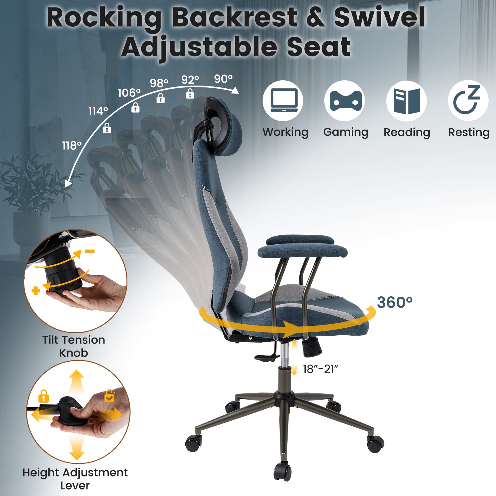 Ergonomic Office Chair Computer Desk Chair with 2D Headrest and Rocking Backrest-Gray