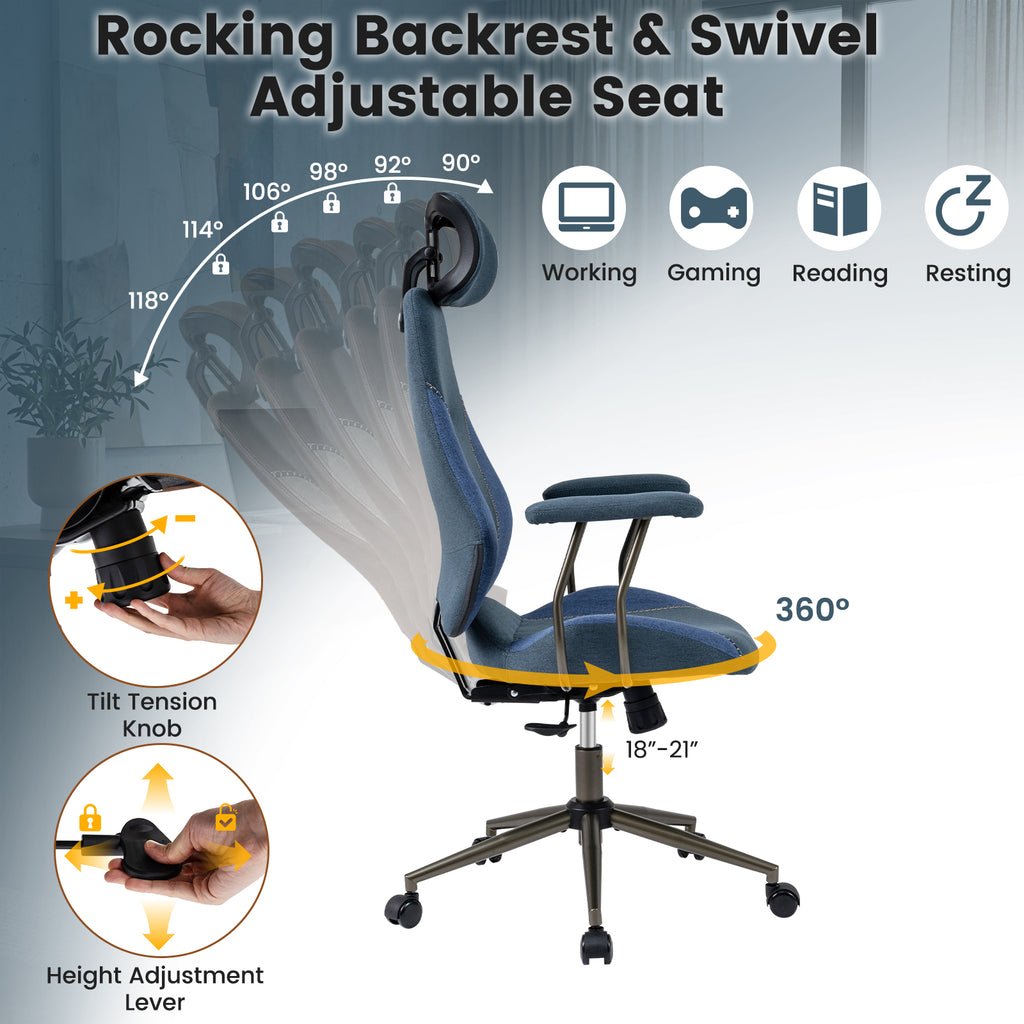 Ergonomic Office Chair Computer Desk Chair with 2D Headrest and Rocking Backrest-Navy