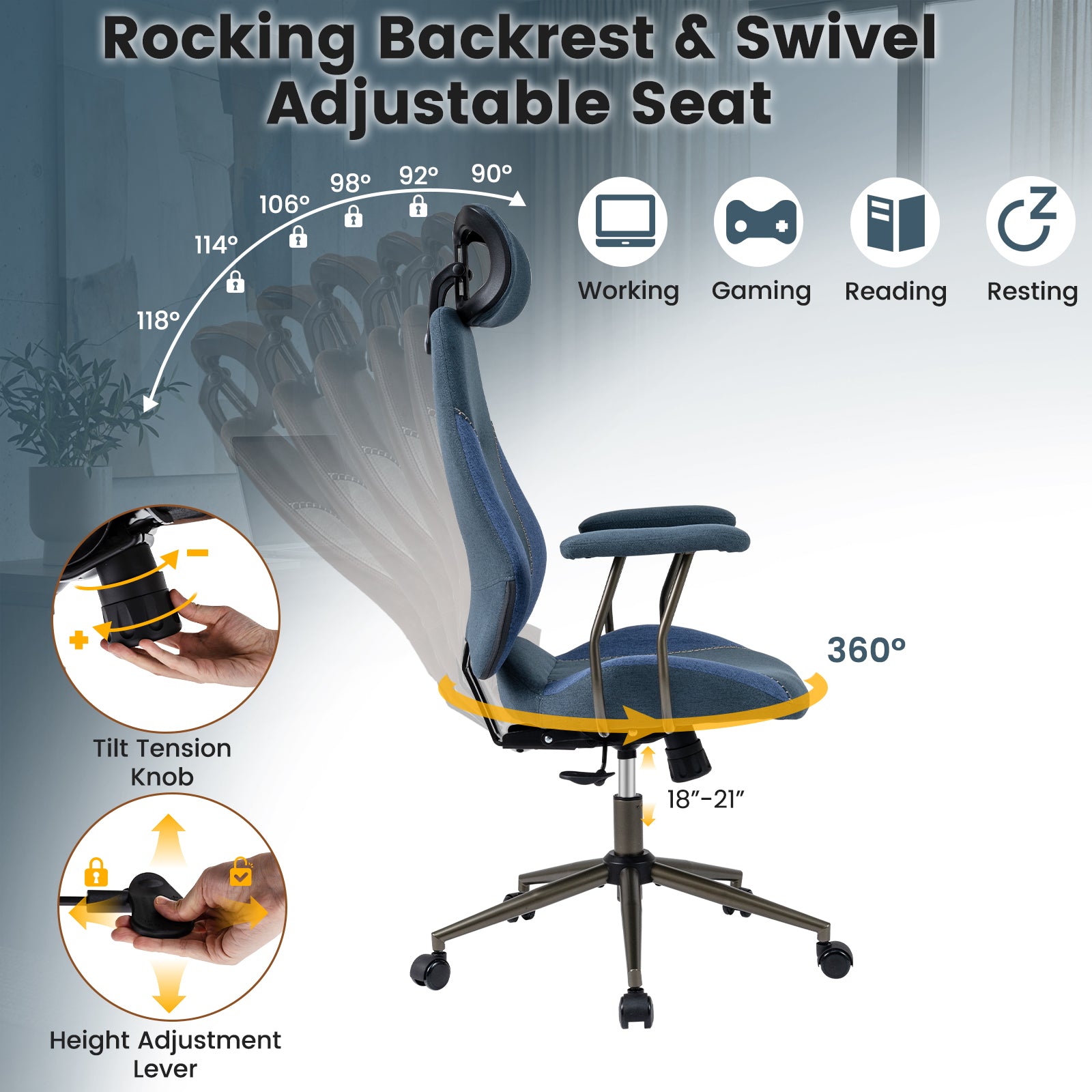 Ergonomic Office Chair Computer Desk Chair with 2D Headrest and Rocking Backrest-Navy