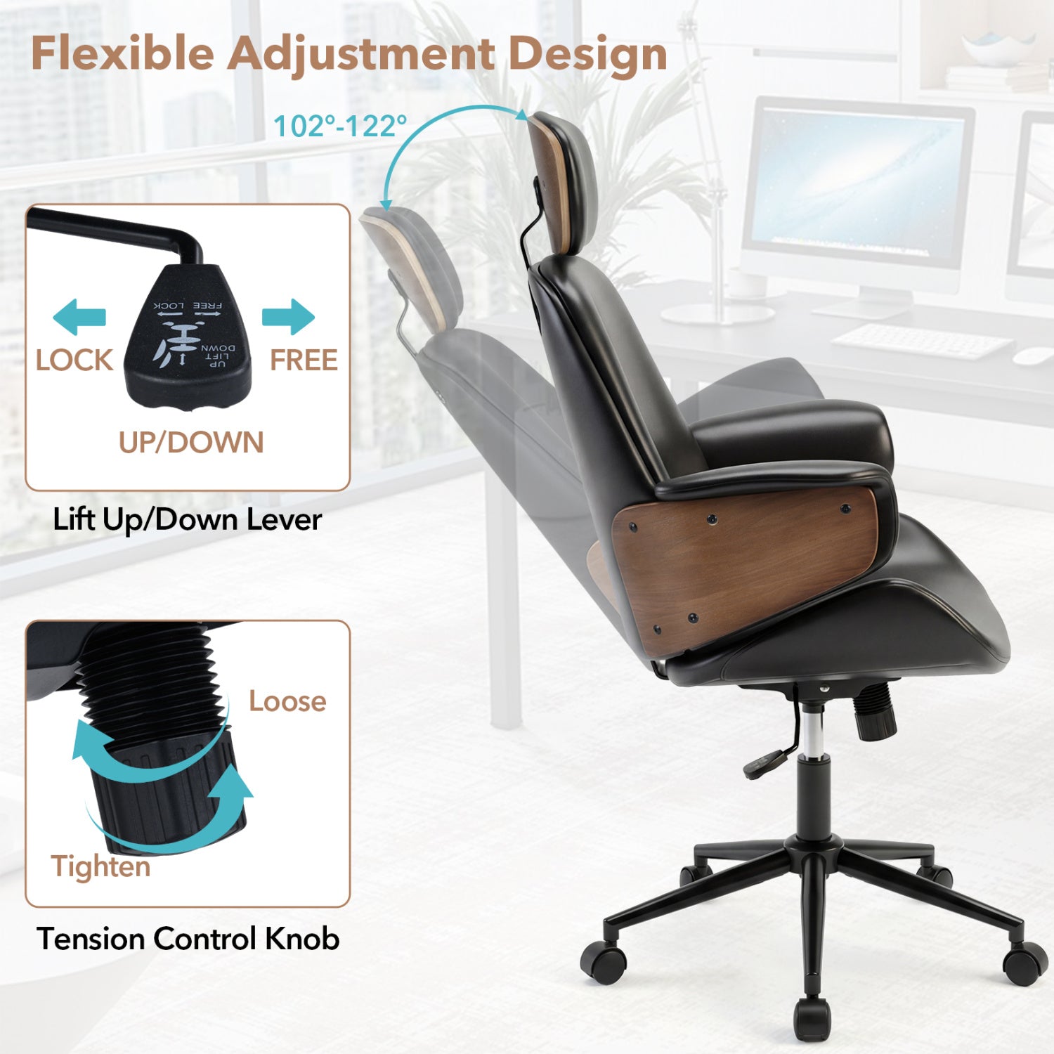 Ergonomic Office Chair with Headrest  Adjustable Height for Home Office and Study-Black