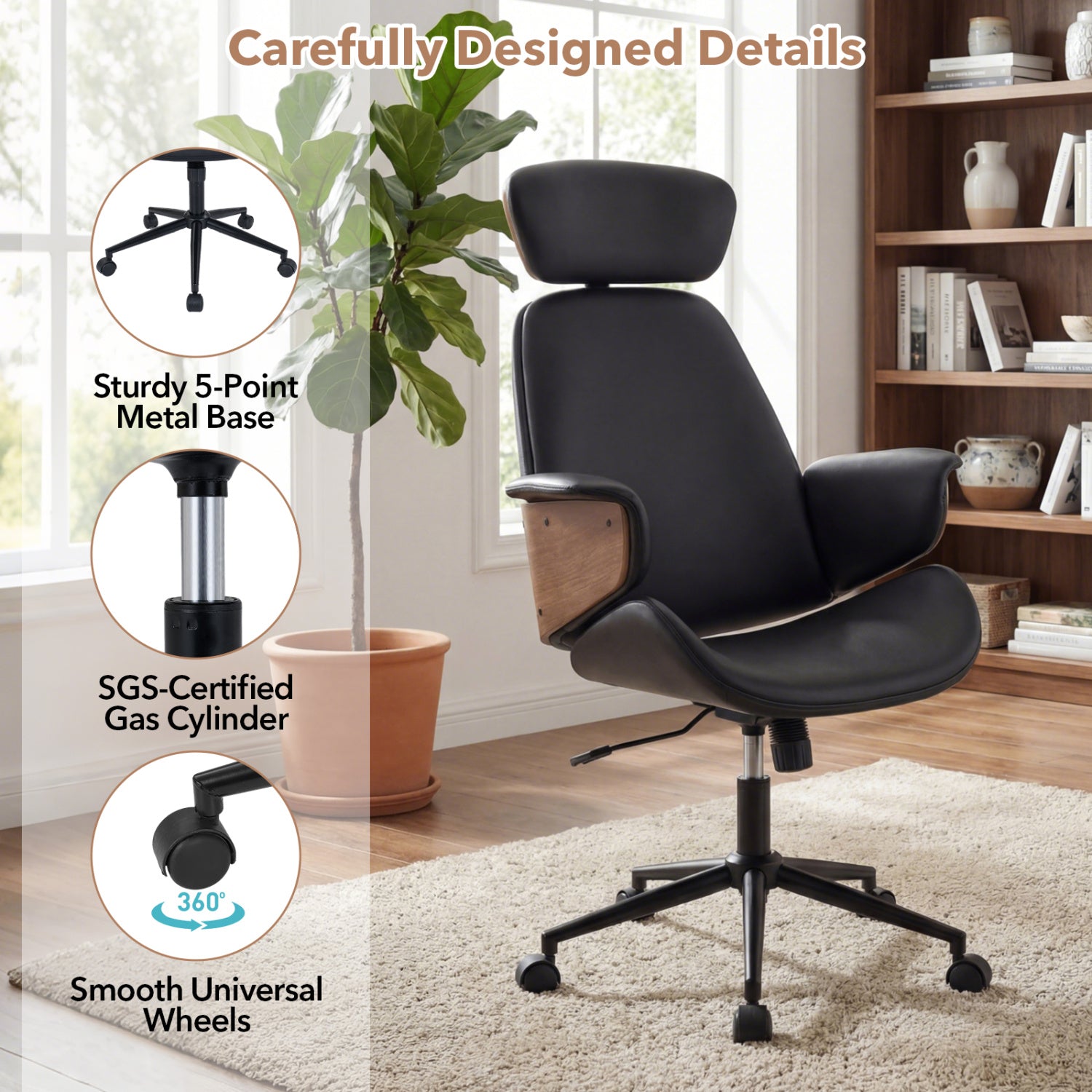 Ergonomic Office Chair with Headrest  Adjustable Height for Home Office and Study-Black