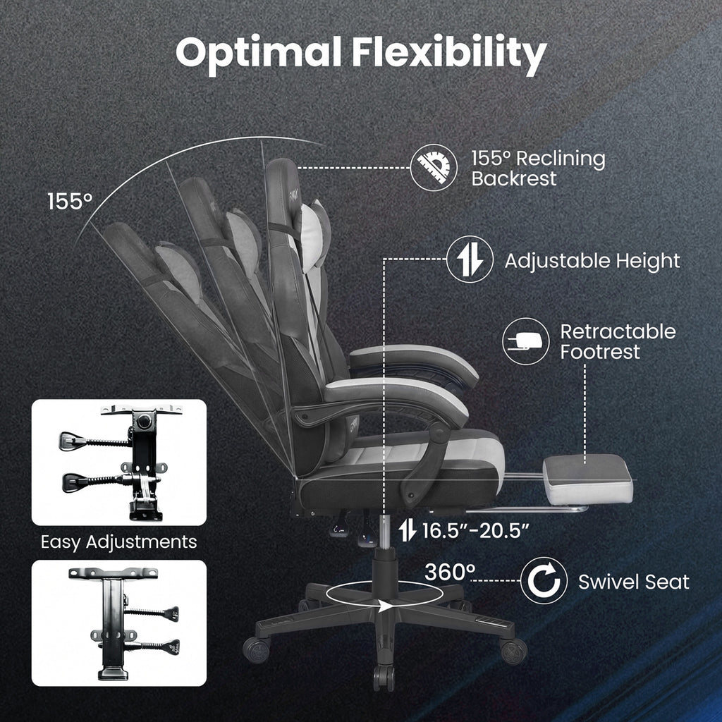 Ergonomic Video Game Chair with Headrest and Reclining Backrest-Grey