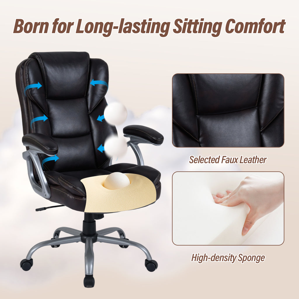 Executive Office Chair Leather Ergonomic Computer Desk Chair with Padded Seat and Armrests-Brown