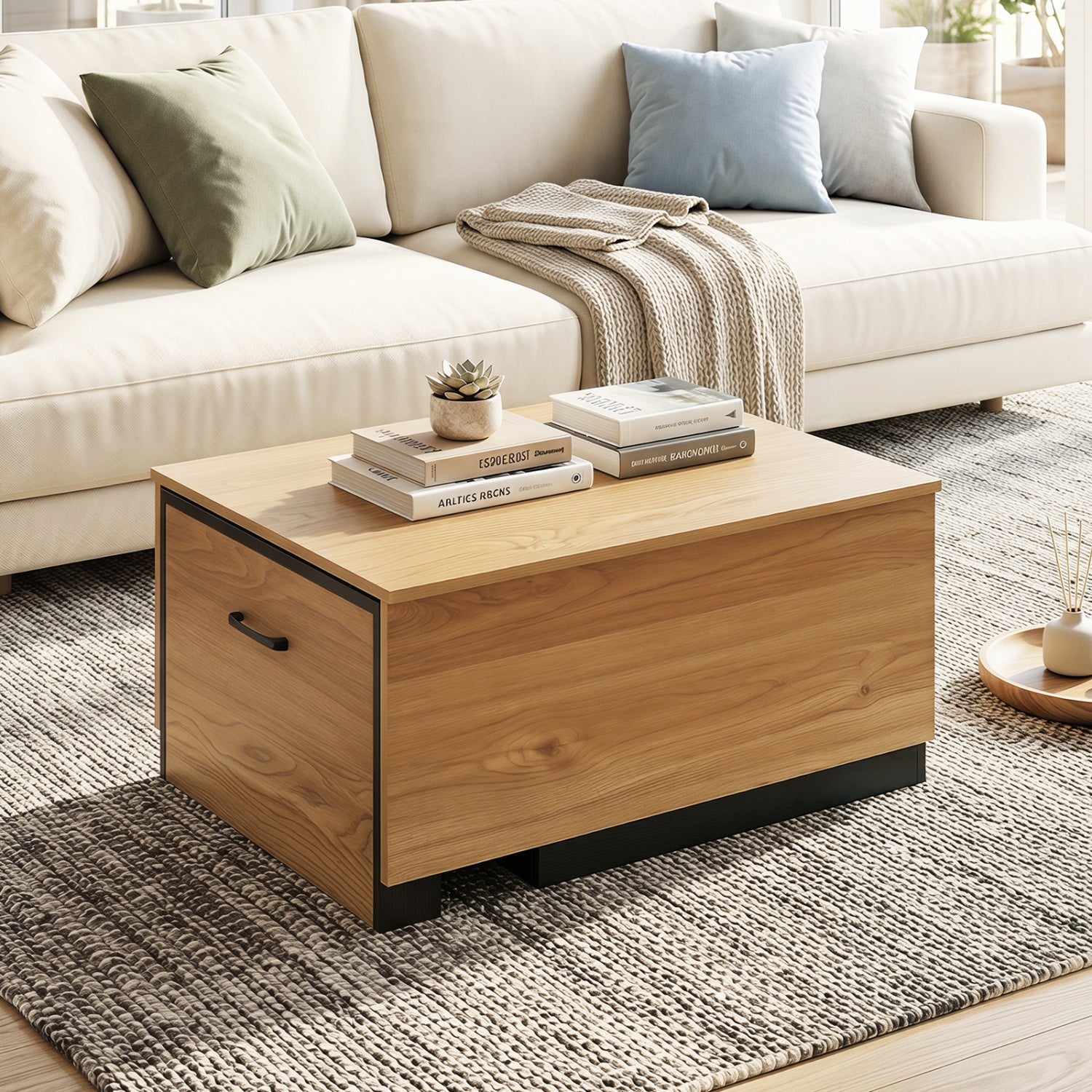 Extendable Coffee table with Concealed Storage Compartment-Natural