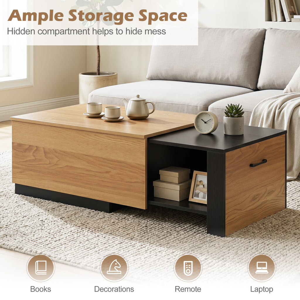 Extendable Coffee table with Concealed Storage Compartment-Natural