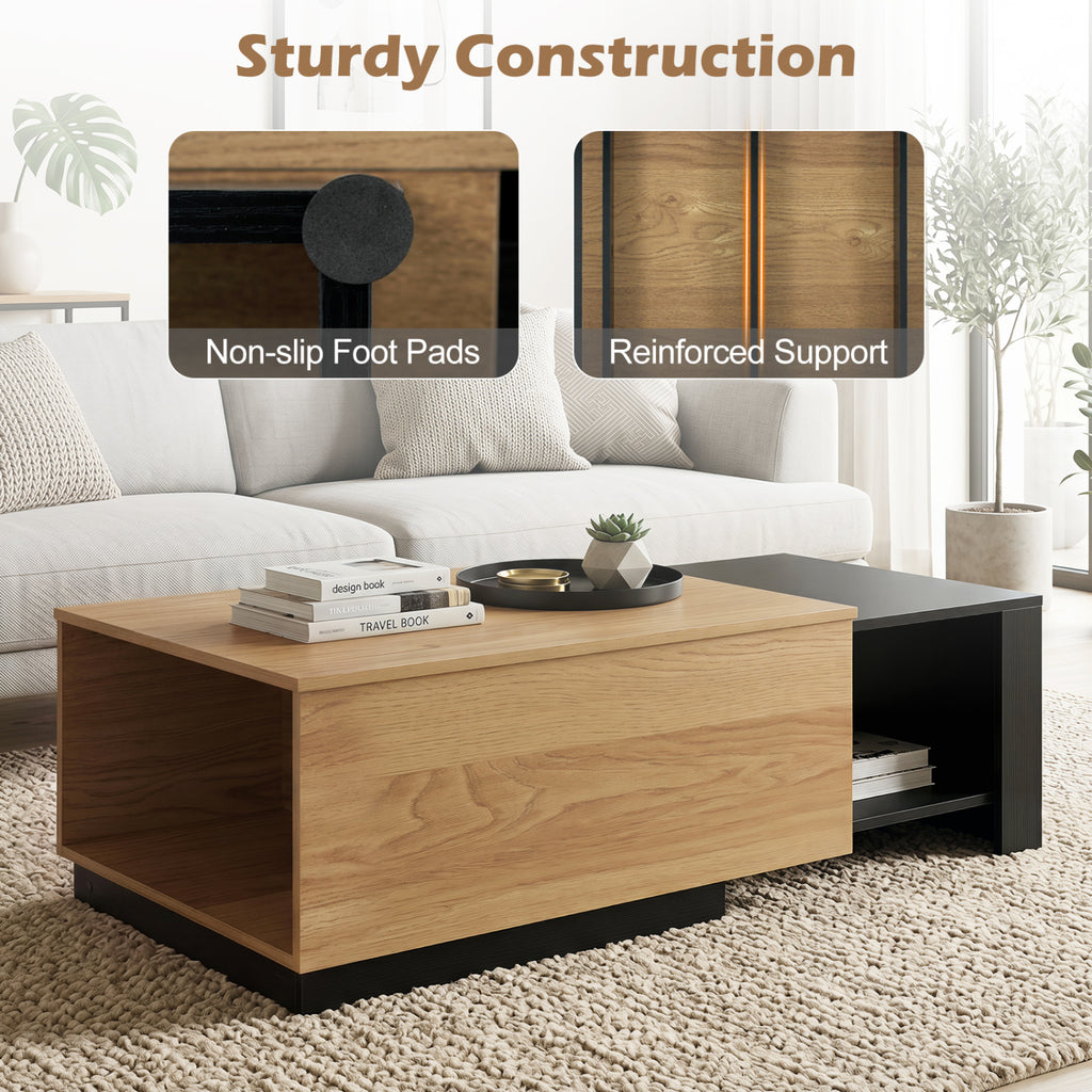 Extendable Coffee table with Concealed Storage Compartment-Natural