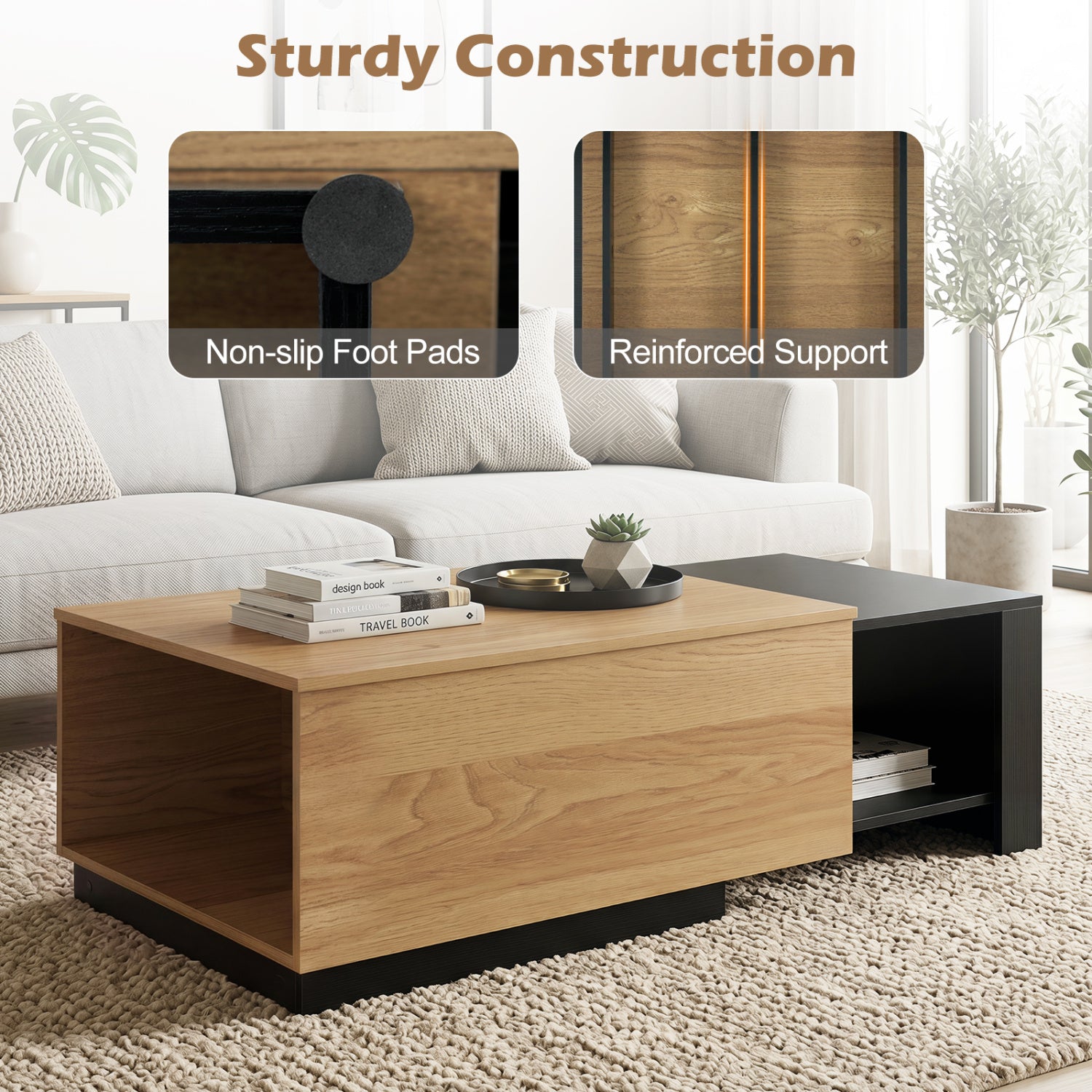 Extendable Coffee table with Concealed Storage Compartment-Natural