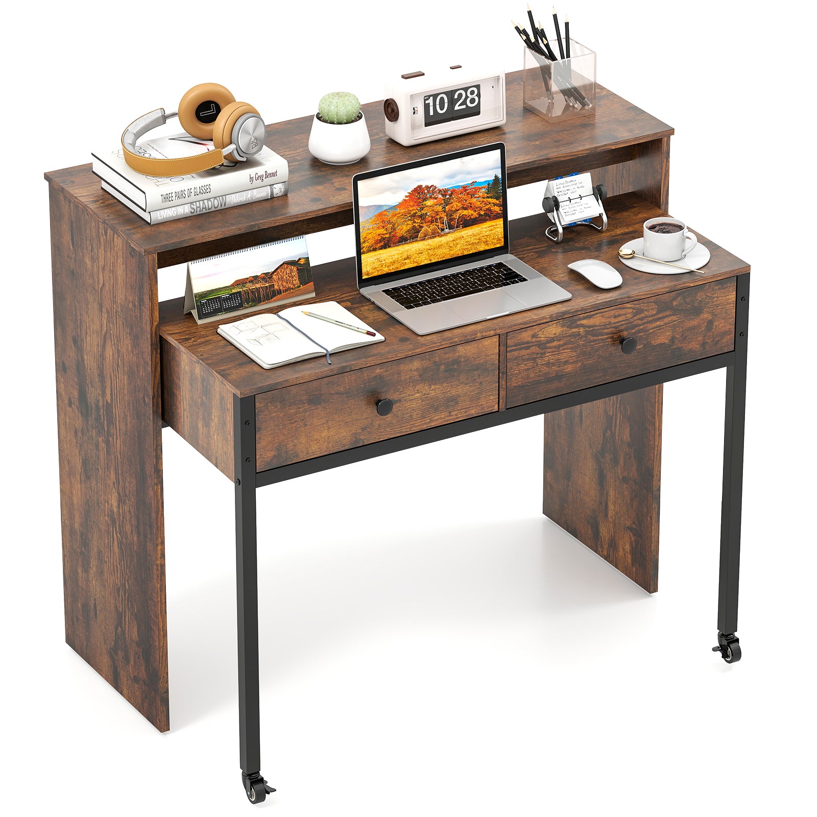 Extendable Computer Desk with 2 Storage Drawers Convertible Home Office Rolling Study Writing Desk-Rustic Brown