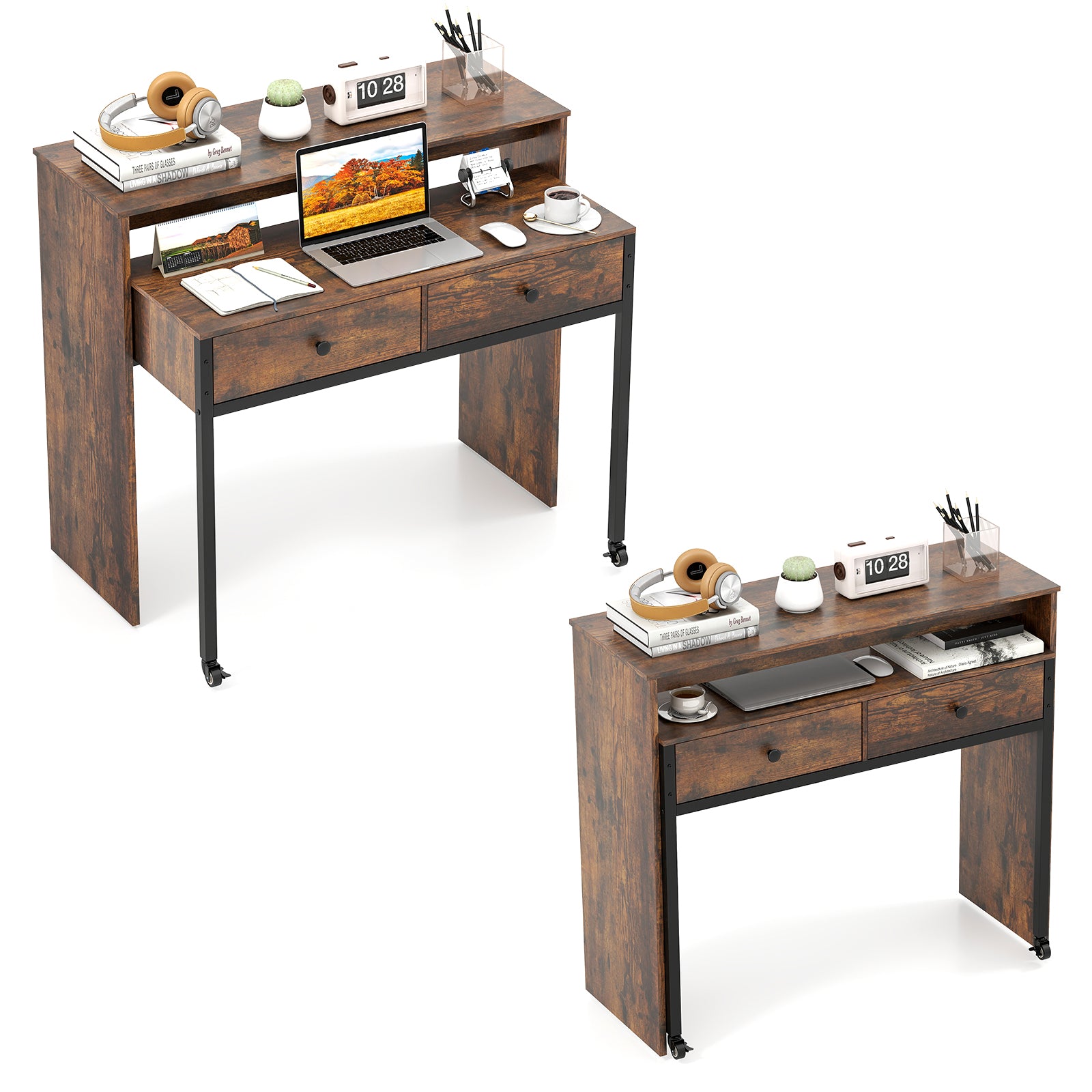 Extendable Computer Desk with 2 Storage Drawers Convertible Home Office Rolling Study Writing Desk-Rustic Brown