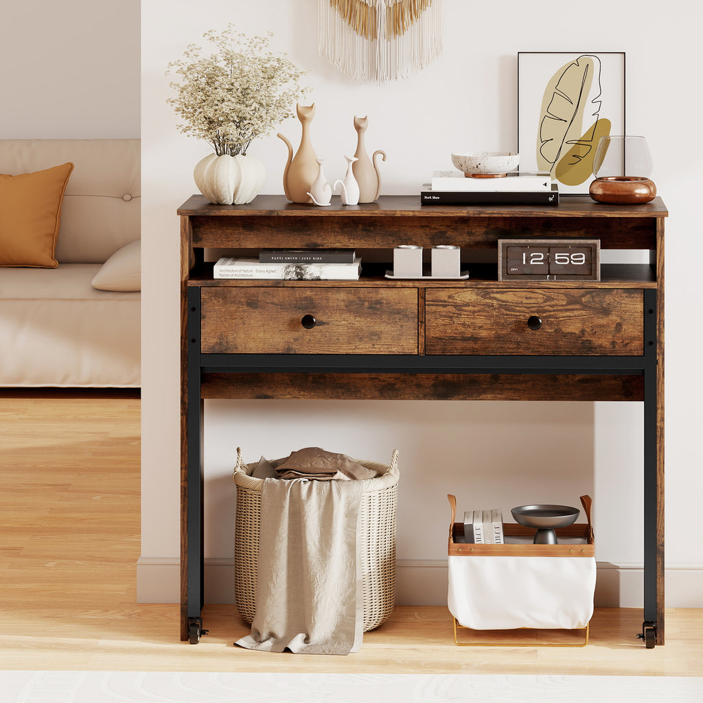 Extendable Computer Desk with 2 Storage Drawers Convertible Home Office Rolling Study Writing Desk-Rustic Brown