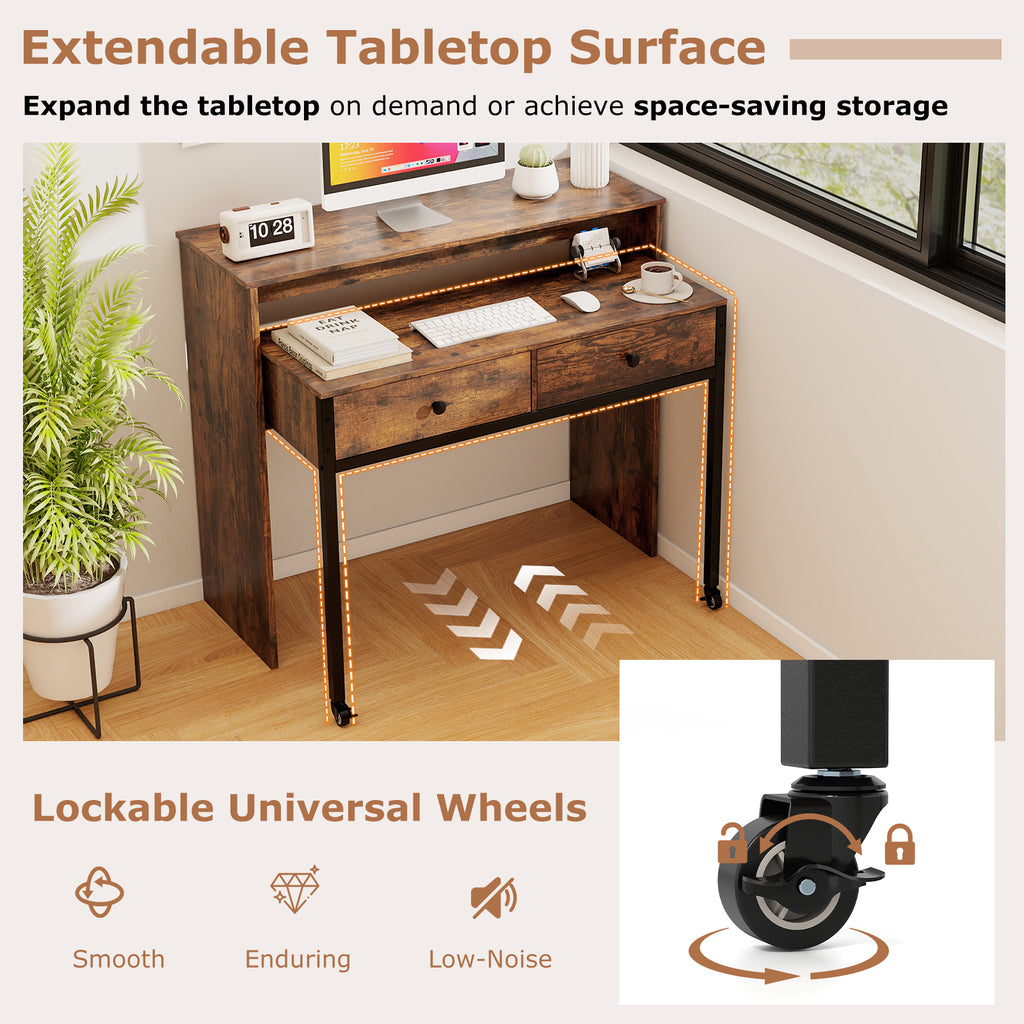 Extendable Computer Desk with 2 Storage Drawers Convertible Home Office Rolling Study Writing Desk-Rustic Brown
