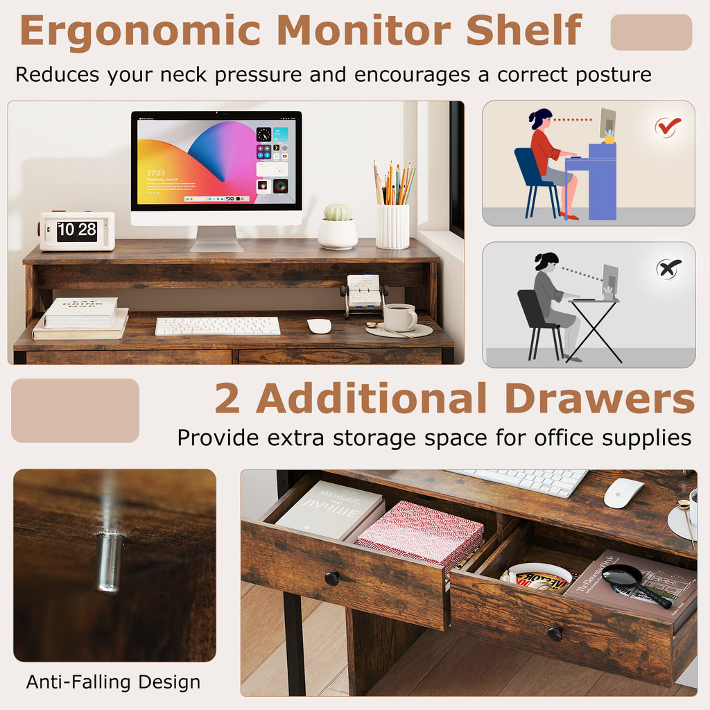Extendable Computer Desk with 2 Storage Drawers Convertible Home Office Rolling Study Writing Desk-Rustic Brown