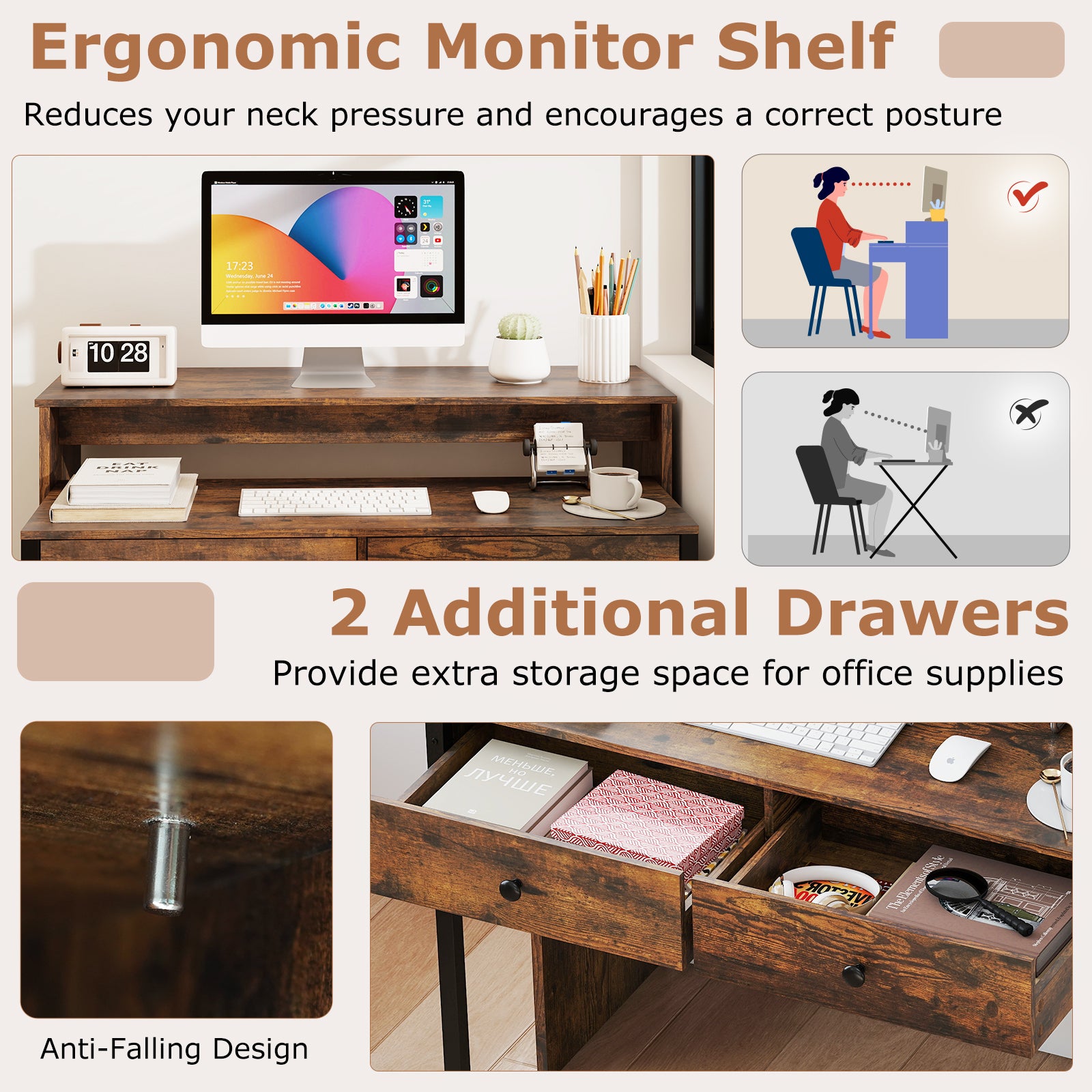 Extendable Computer Desk with 2 Storage Drawers Convertible Home Office Rolling Study Writing Desk-Rustic Brown