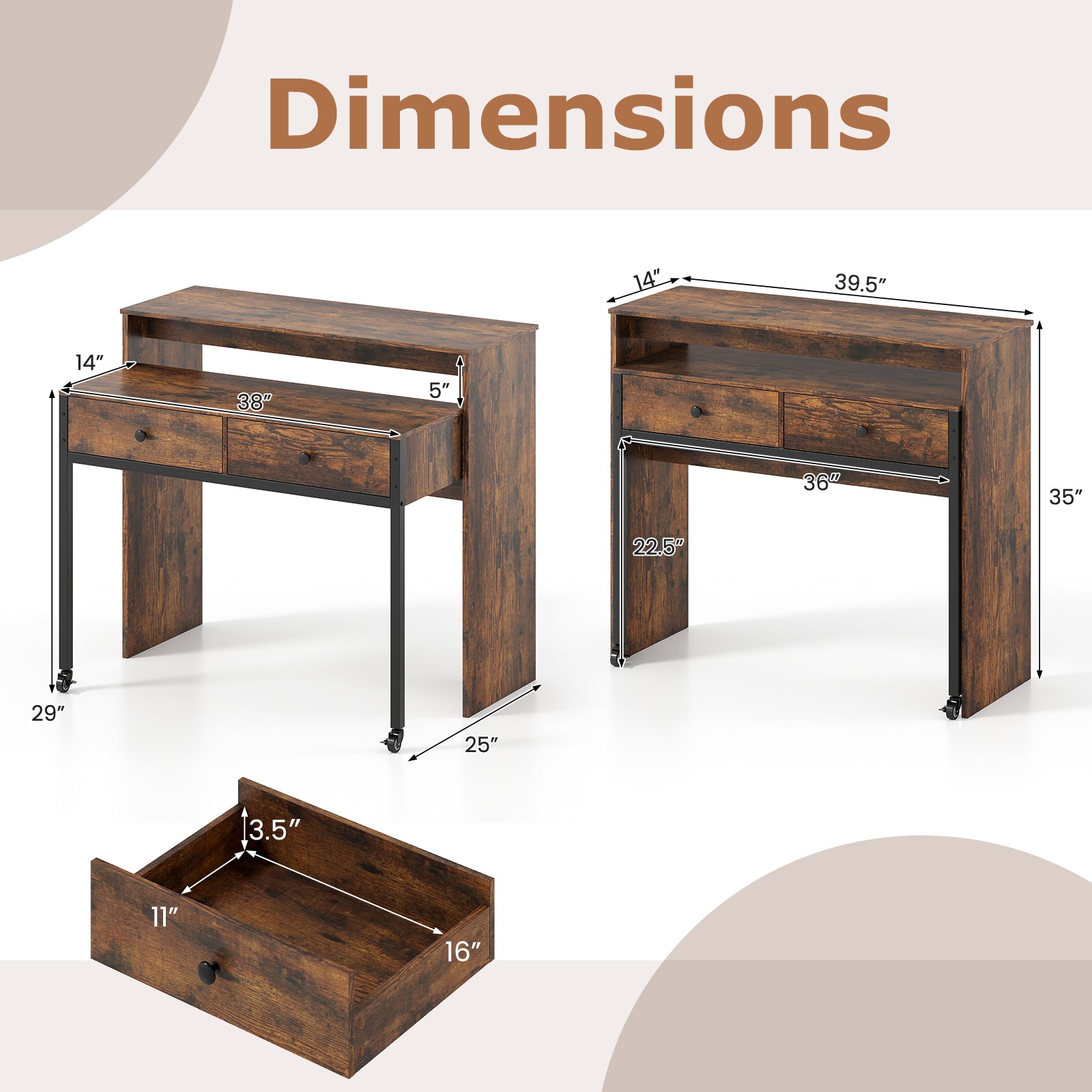 Extendable Computer Desk with 2 Storage Drawers Convertible Home Office Rolling Study Writing Desk-Rustic Brown