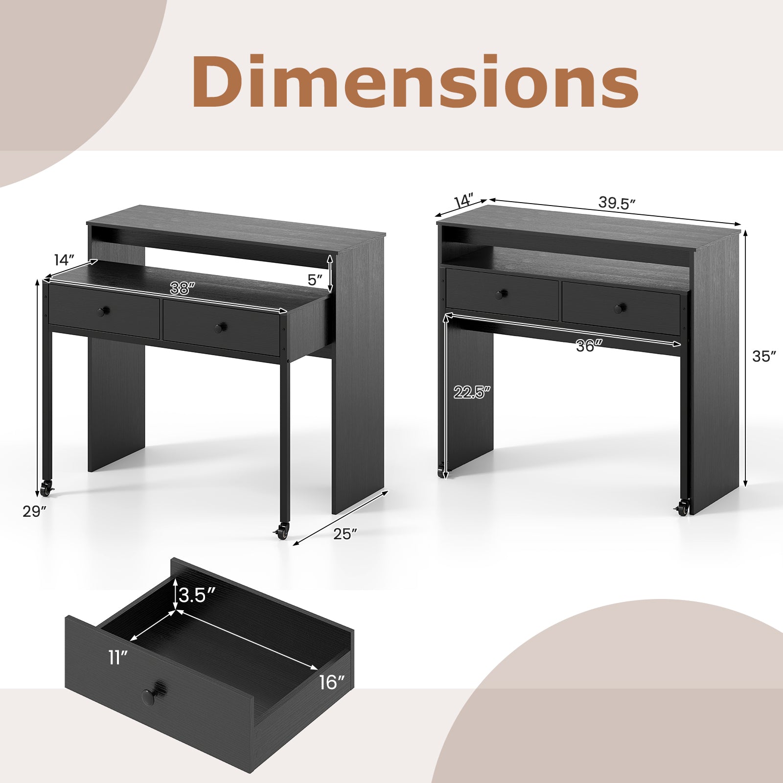 Extendable Computer Desk with 2 Storage Drawers Convertible Home Office Rolling Study Writing Desk-Black