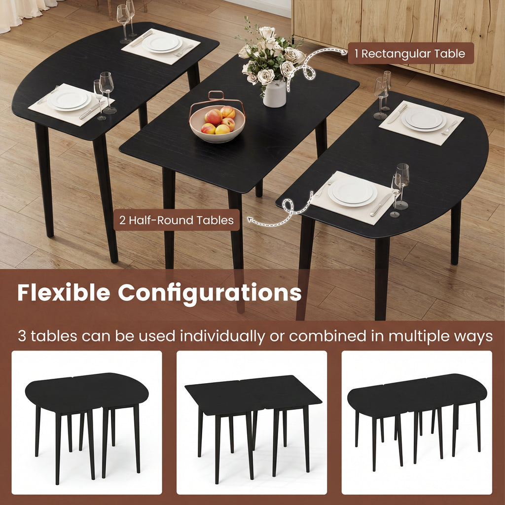 Extendable Dining Table Set with 2 Half-Round and 1 Rectangular Tables-Black