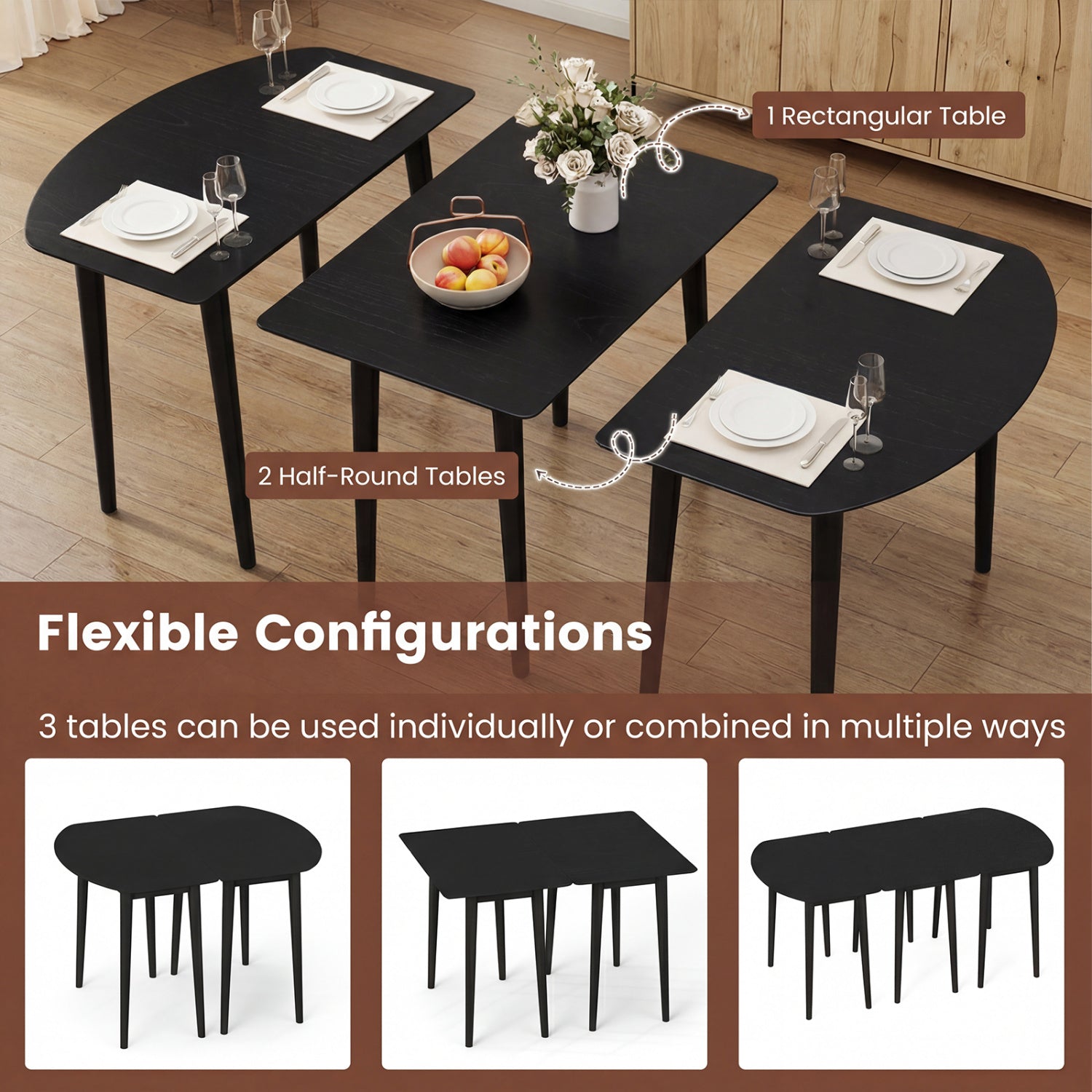 Extendable Dining Table Set with 2 Half-Round and 1 Rectangular Tables-Black