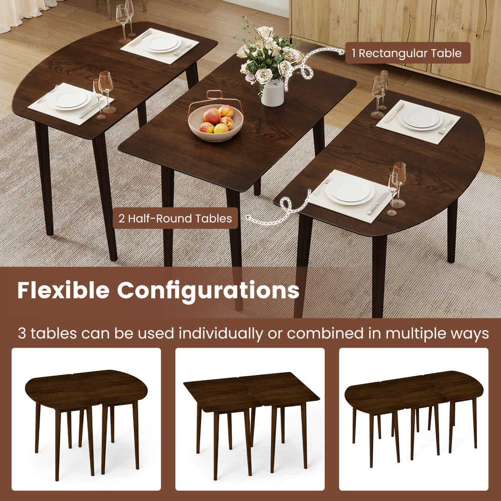Extendable Dining Table Set with 2 Half-Round and 1 Rectangular Tables-Walnut