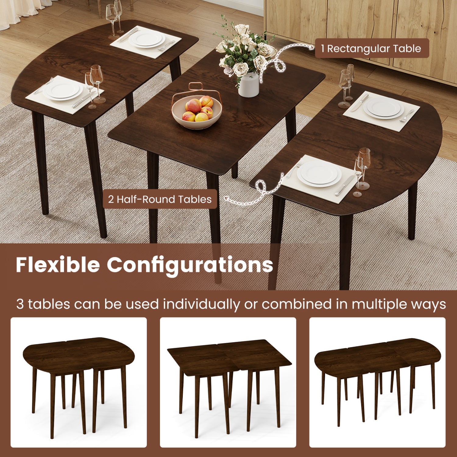 Extendable Dining Table Set with 2 Half-Round and 1 Rectangular Tables-Walnut