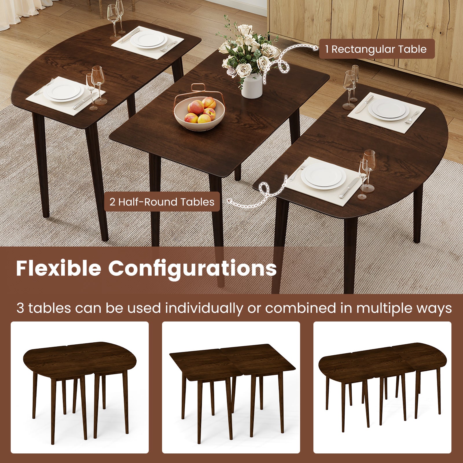 Extendable Oval Dining Table Set with 2 Half-Round Tables for 4-6 People-Walnut