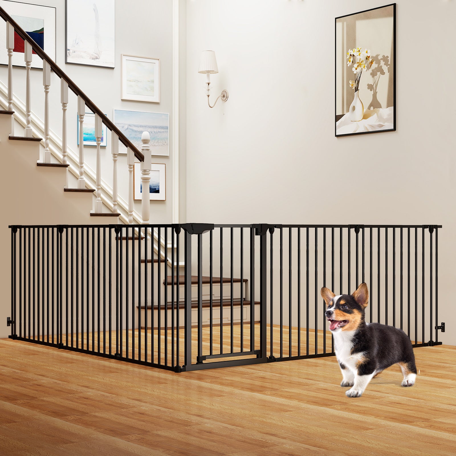 Extra Wide Baby Gate Fits 34.5-154" Openings 6-Panel Adjustable Pet Safety Fence-Black