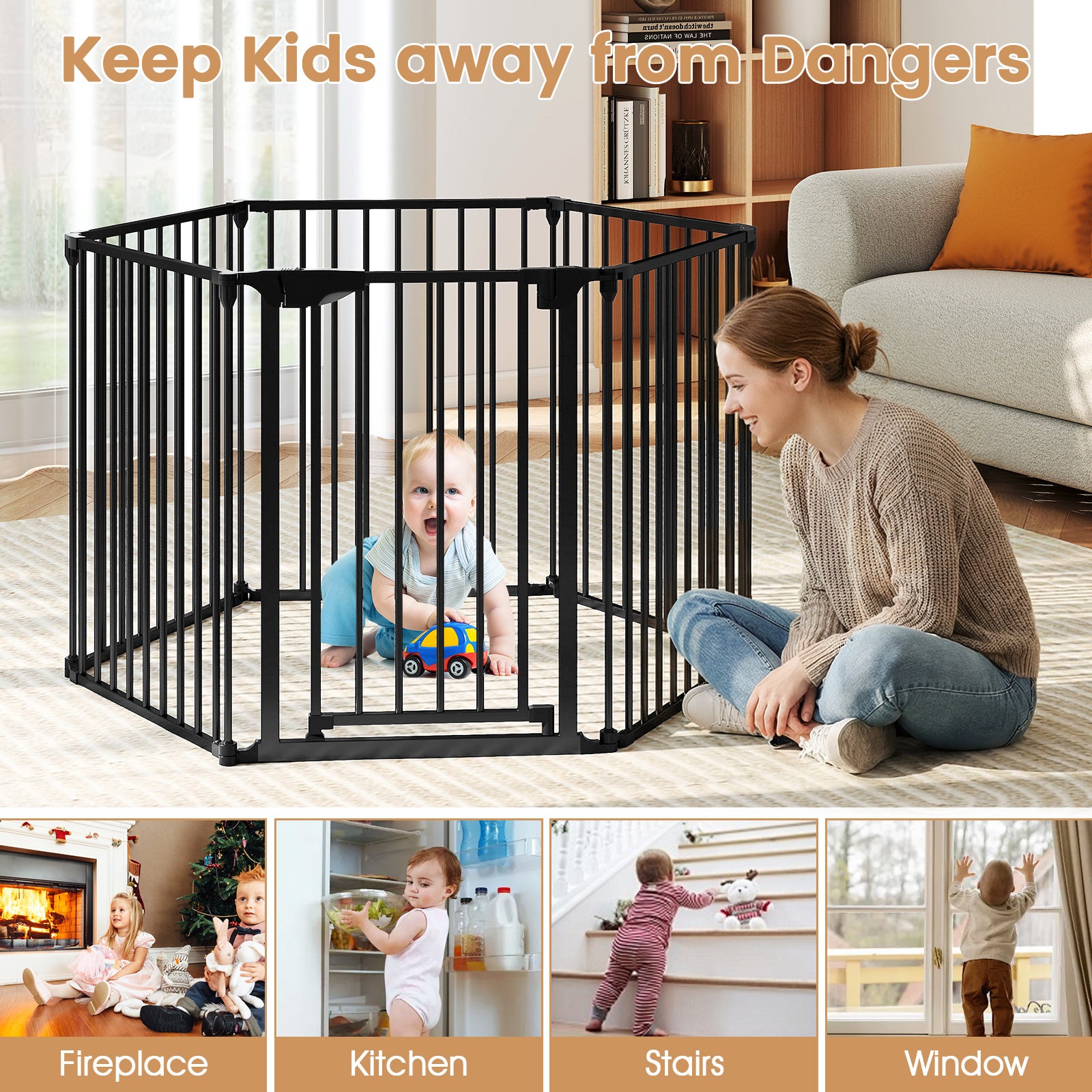 Extra Wide Baby Gate Fits 34.5-154" Openings 6-Panel Adjustable Pet Safety Fence-Black