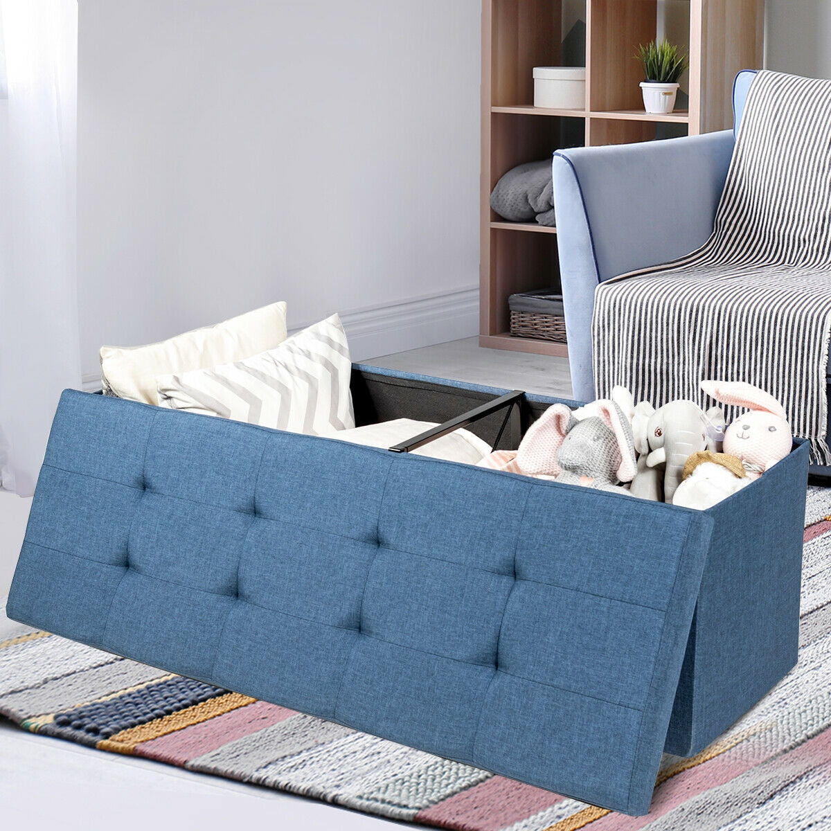 Fabric Folding Storage with Divider Bed End Bench-Navy