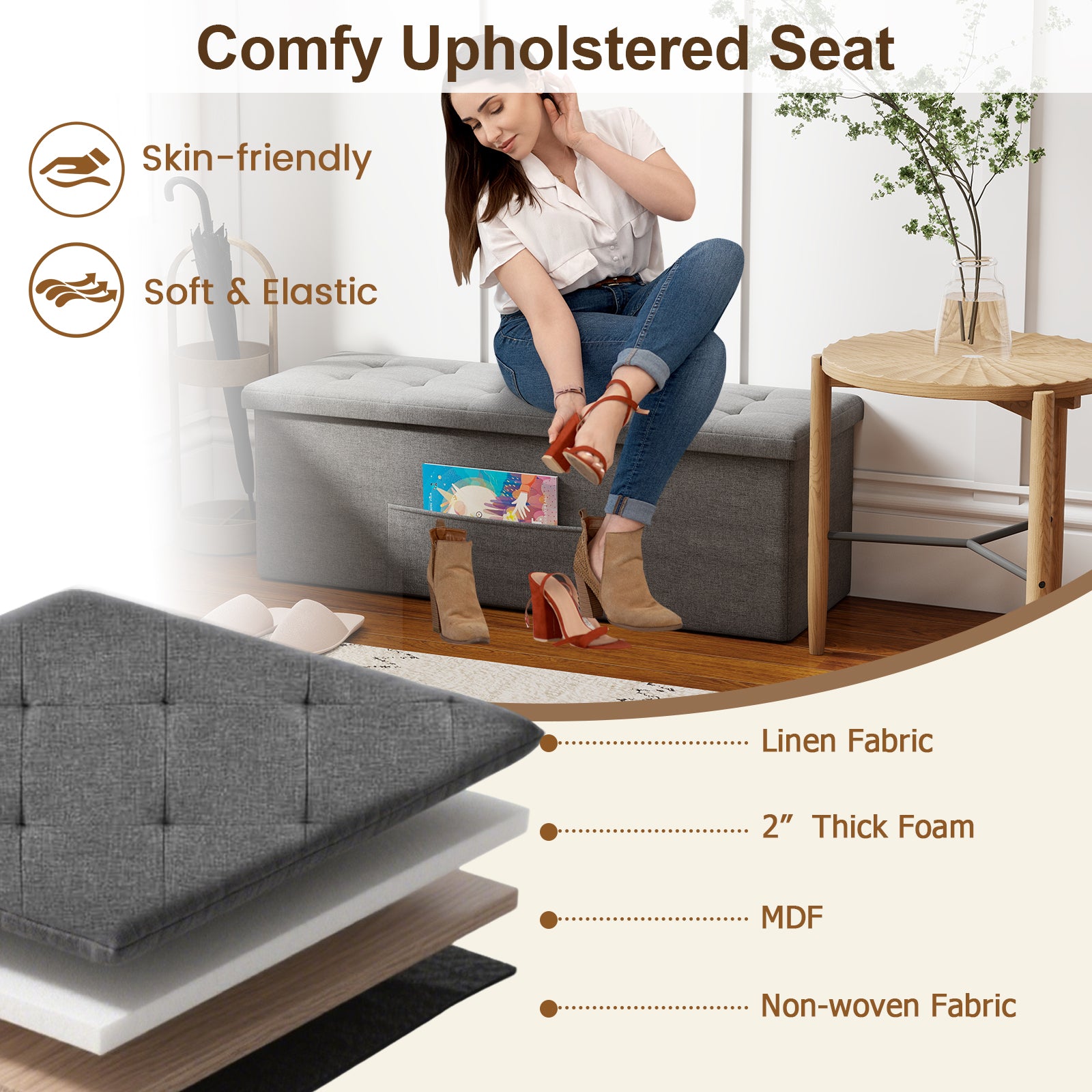 Fabric Folding Storage with Divider Bed End Bench-Dark Gray