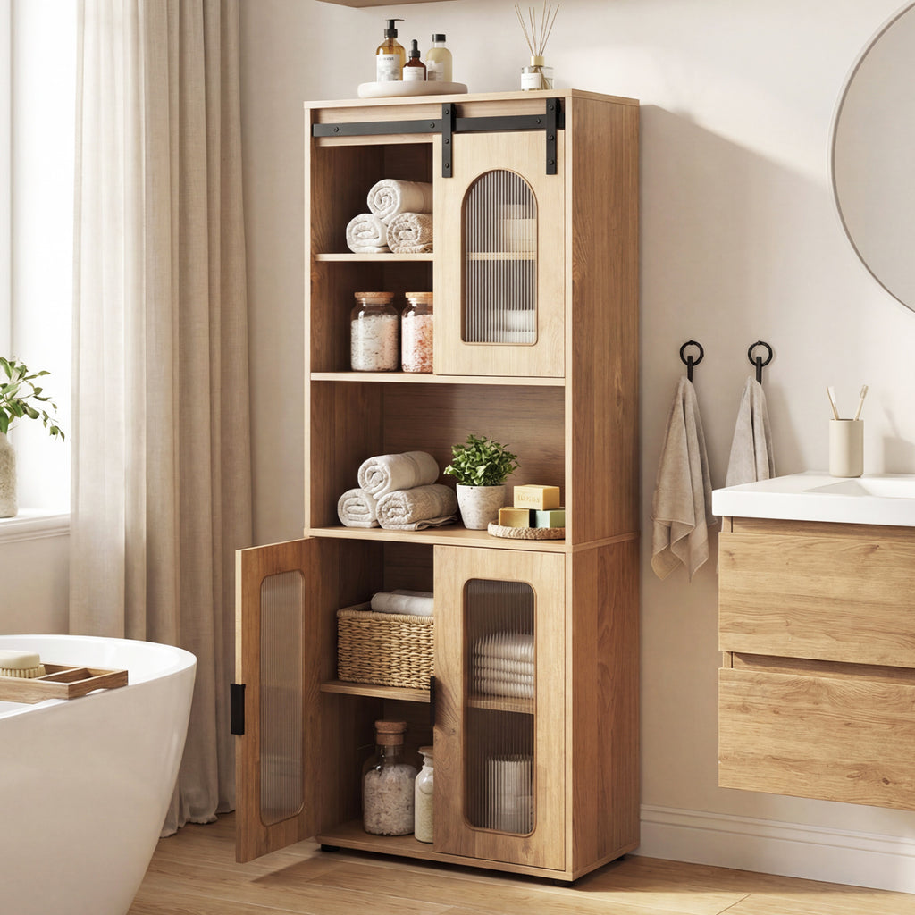 Farmhouse Bathroom Floor Cabinet with Sliding Barn Door-Natural