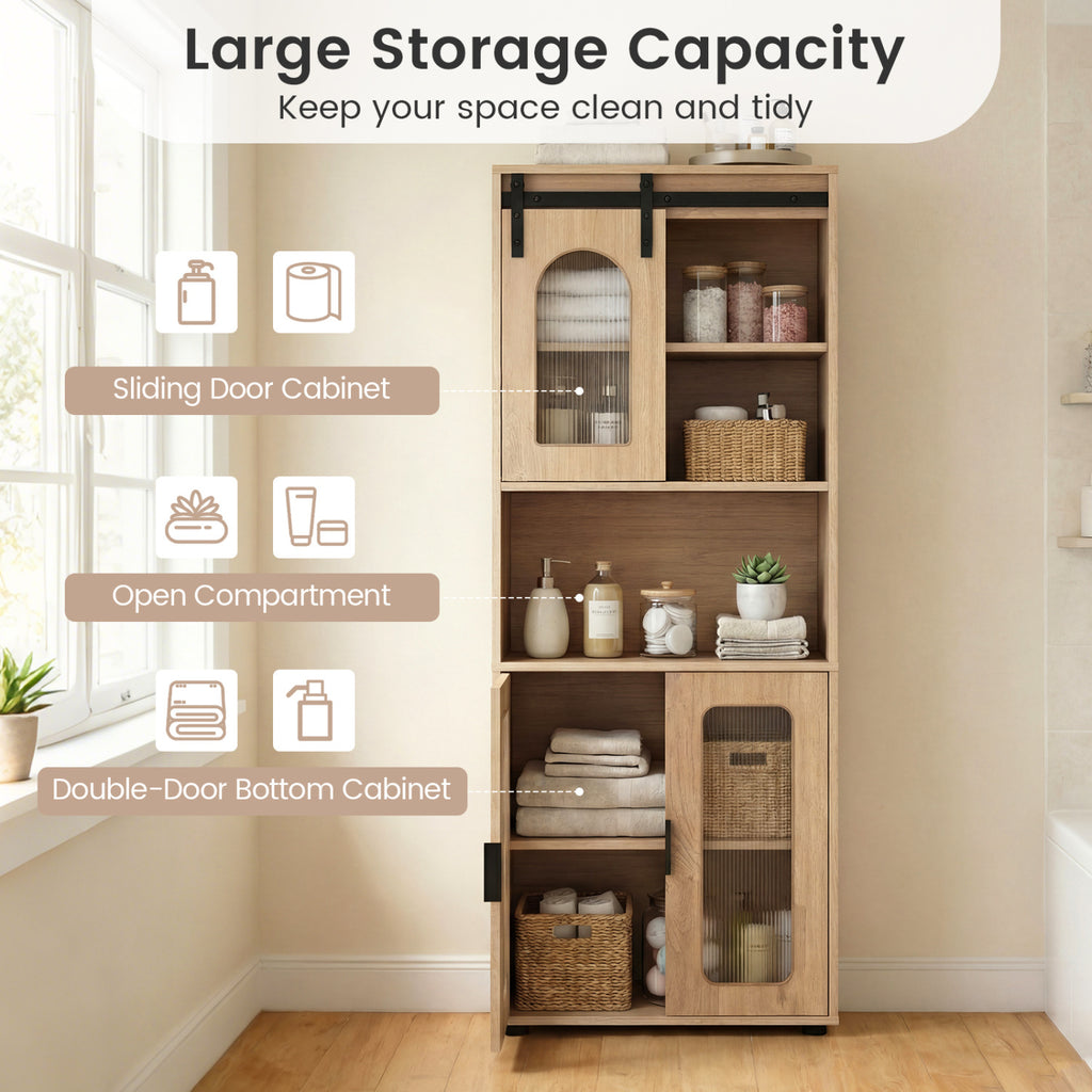 Farmhouse Bathroom Floor Cabinet with Sliding Barn Door-Natural
