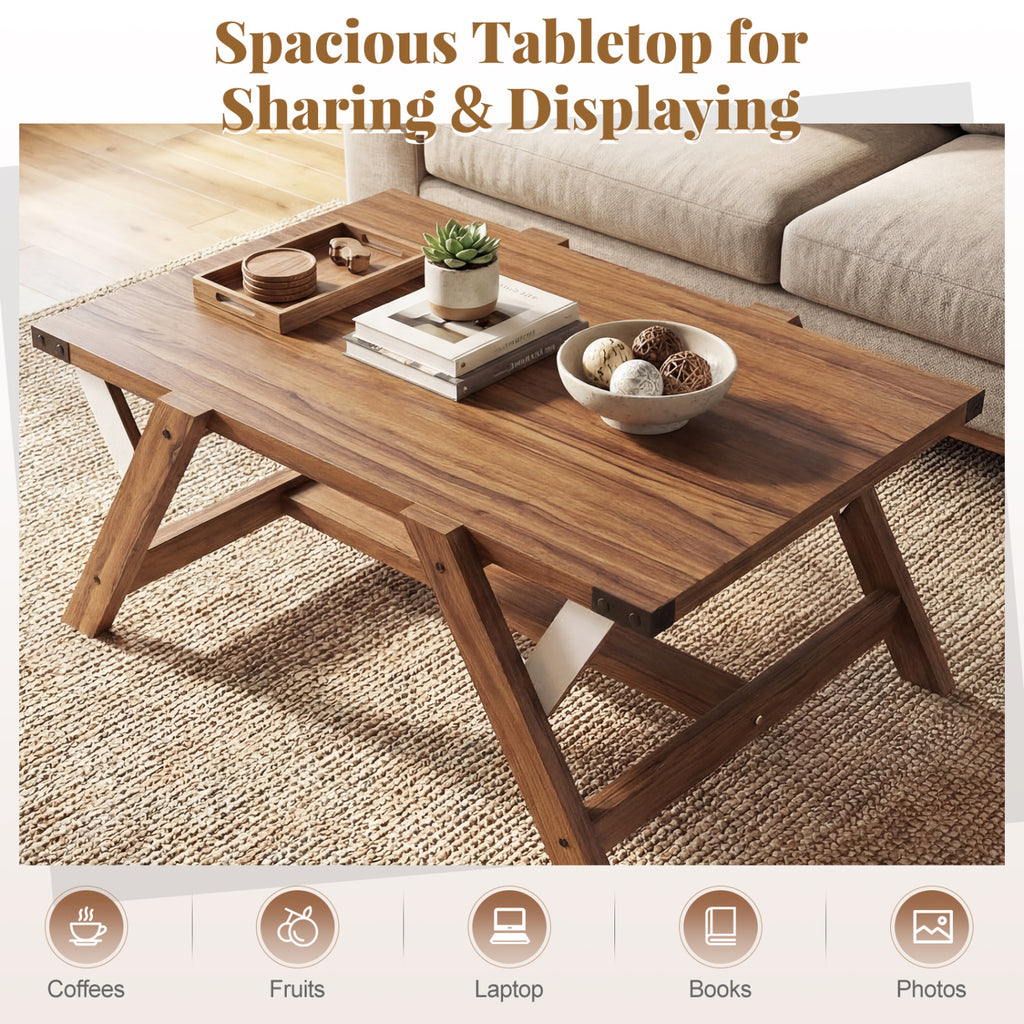 Farmhouse Center Table with Decorative Nailhead Accents for Living Room-Walnut