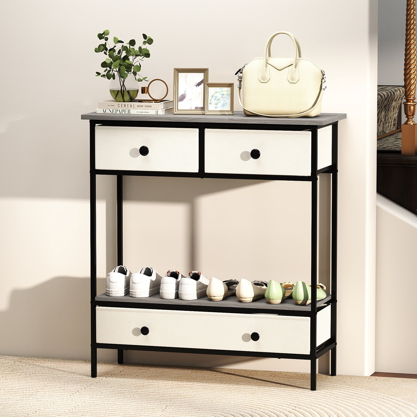 Farmhouse Console Table with Open Storage Shelf for Hallway-Gray