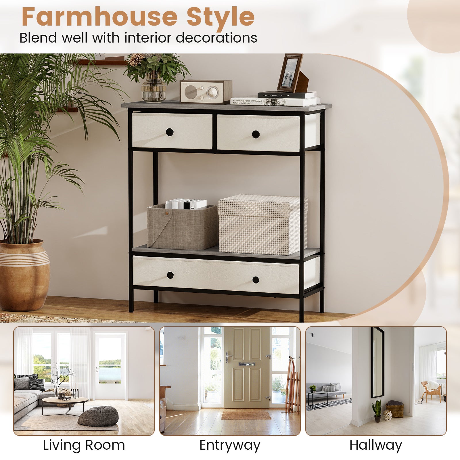 Console de ferme avec étagère ouverte de rangement pour couloir - Grise