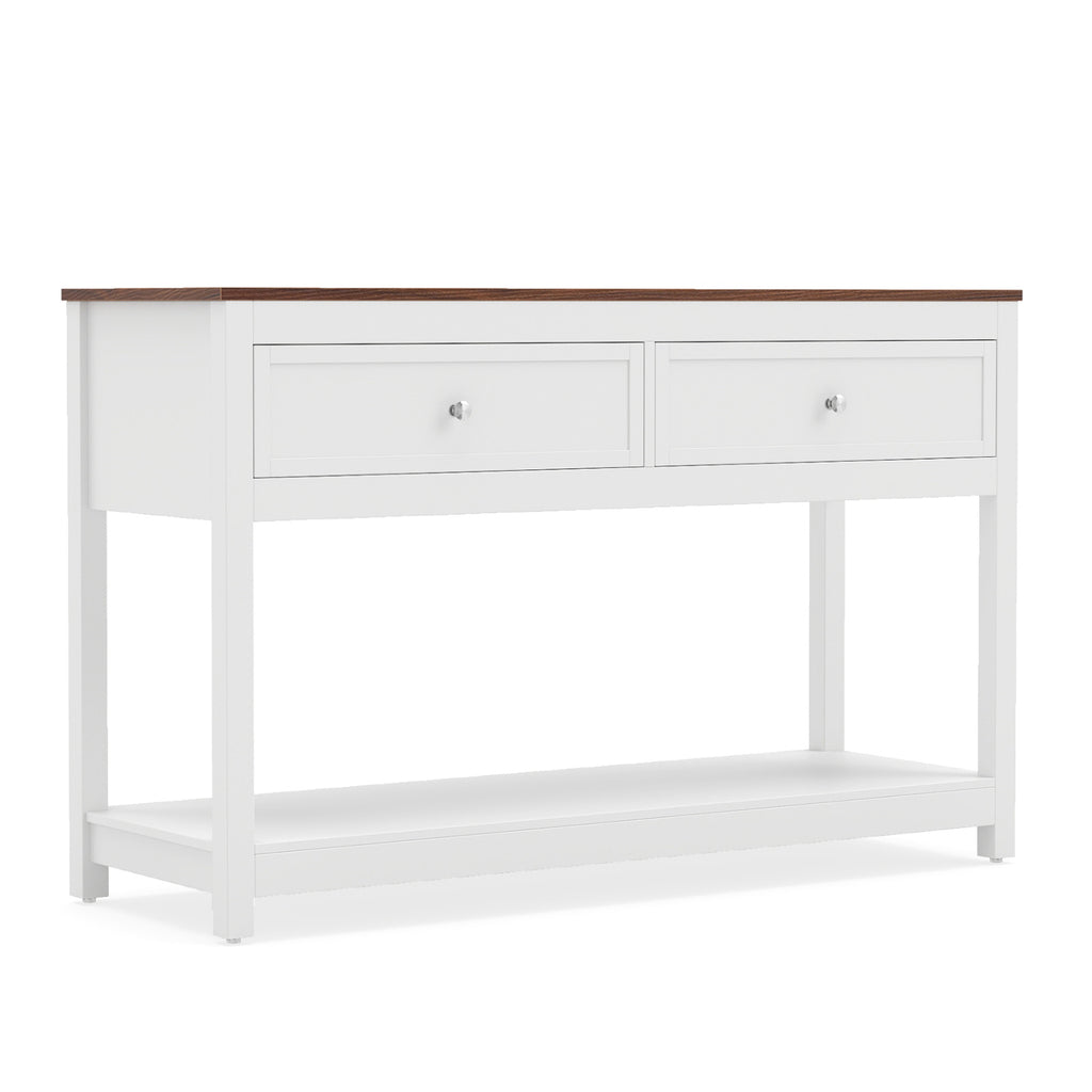 Farmhouse Console Table with 2 Drawers & Open Storage Shelf-White