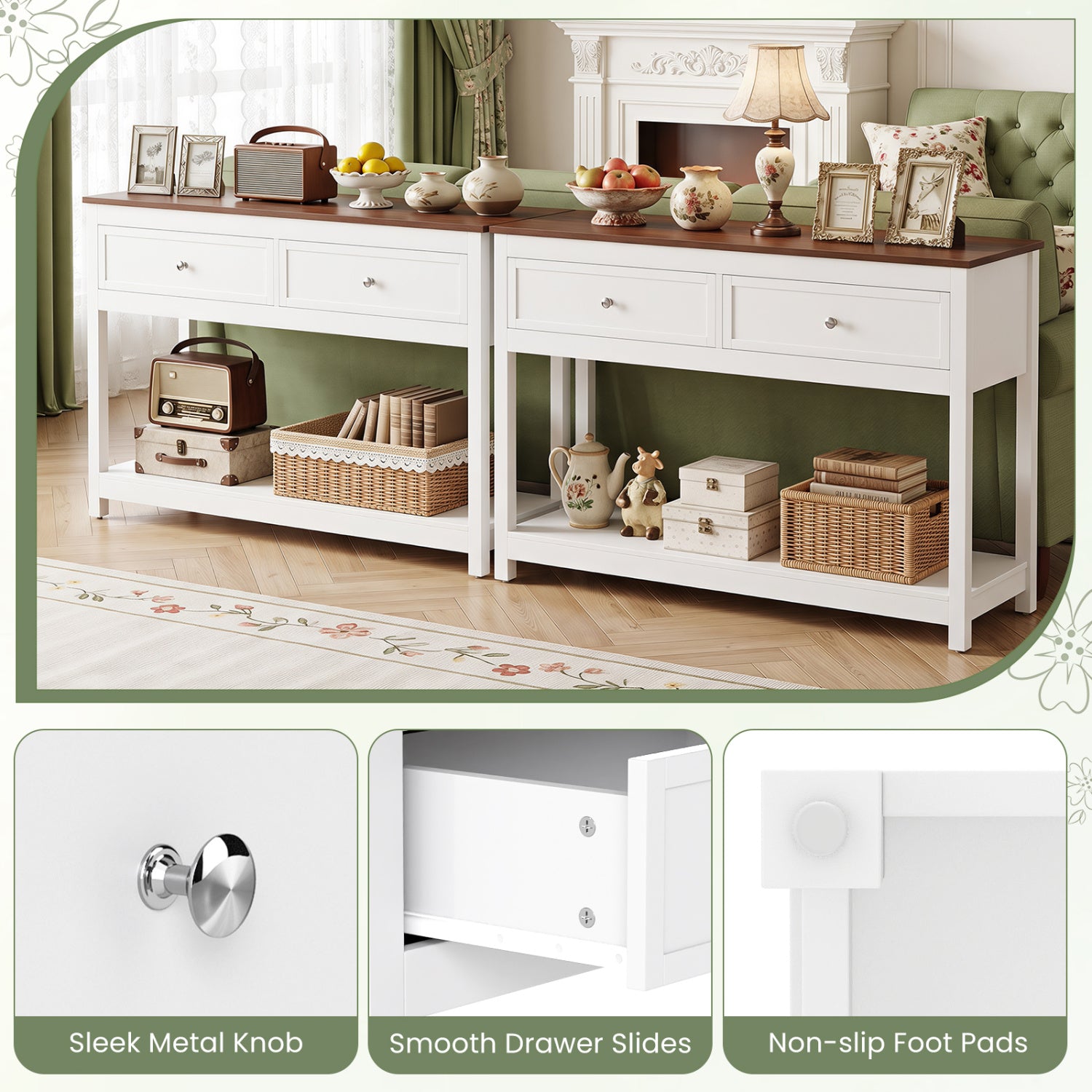 Farmhouse Console Table with 2 Drawers & Open Storage Shelf-White