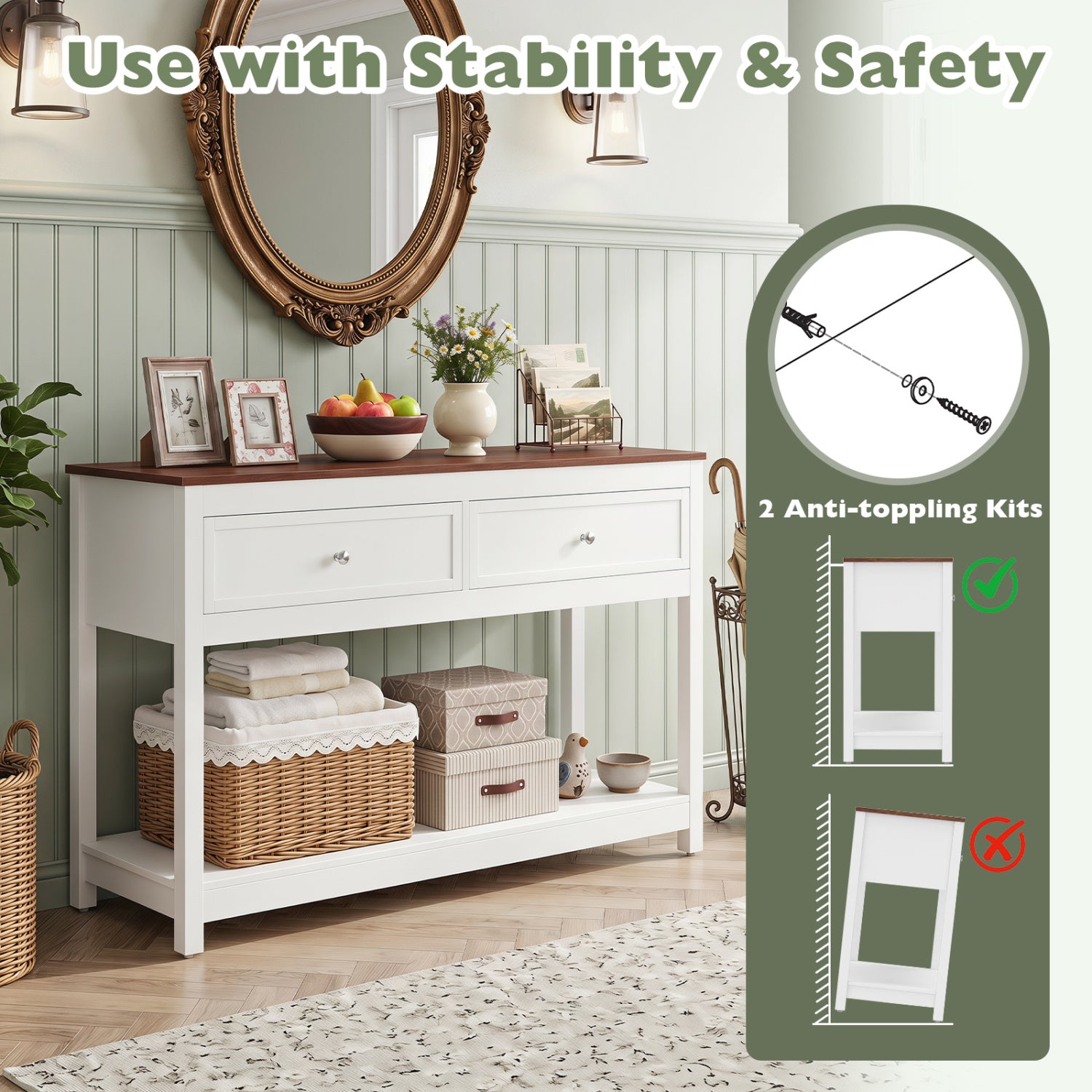 Farmhouse Console Table with 2 Drawers & Open Storage Shelf-White