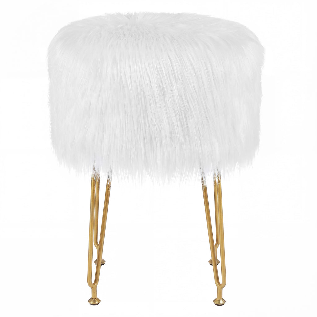 Faux Fur Vanity Stool Chair with Metal Legs for Bedroom and Living Room-White