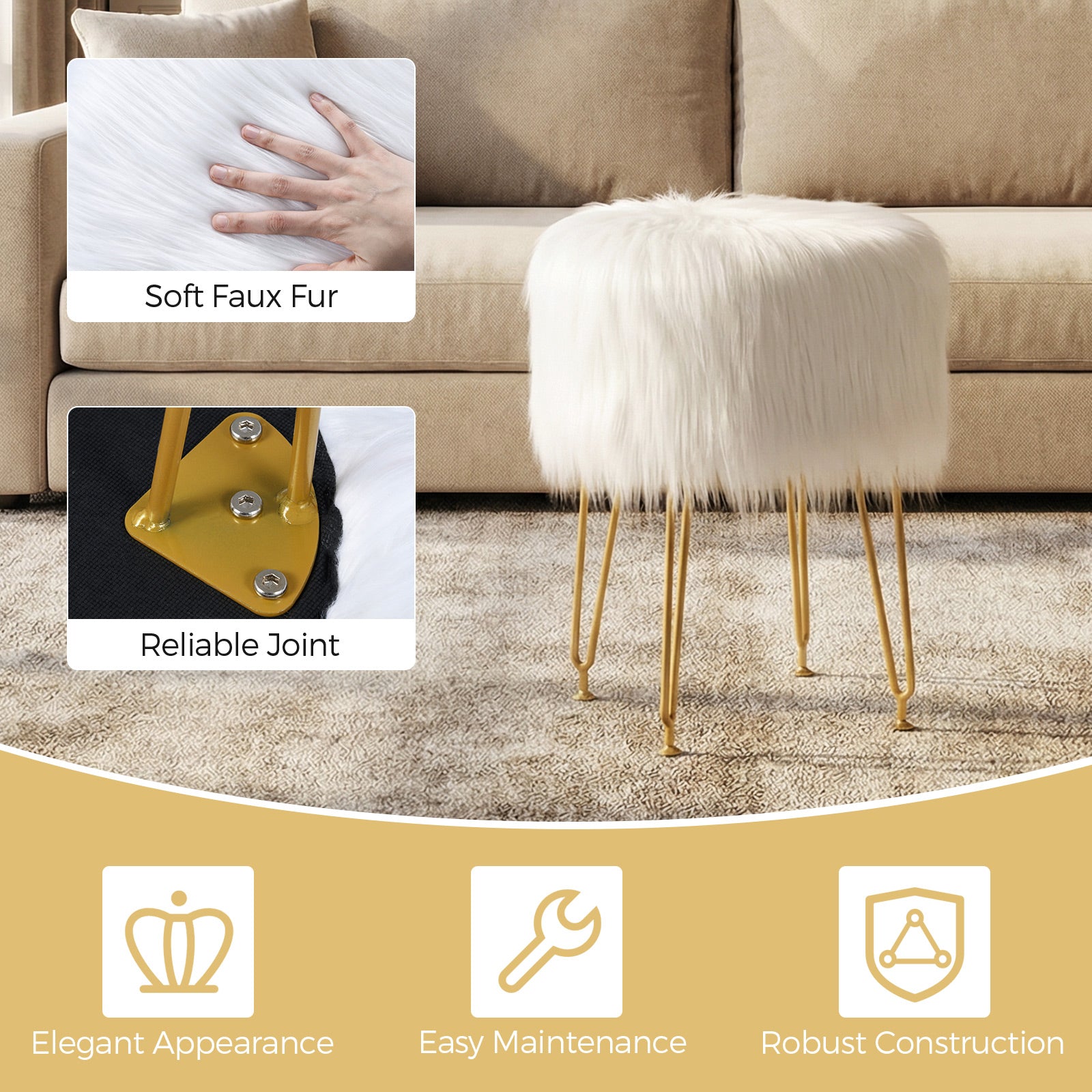 Faux Fur Vanity Stool Chair with Metal Legs for Bedroom and Living Room-White