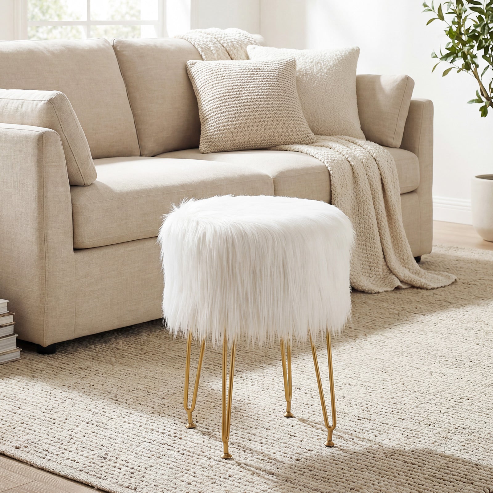 Faux Fur Vanity Stool Chair with Metal Legs for Bedroom and Living Room-White