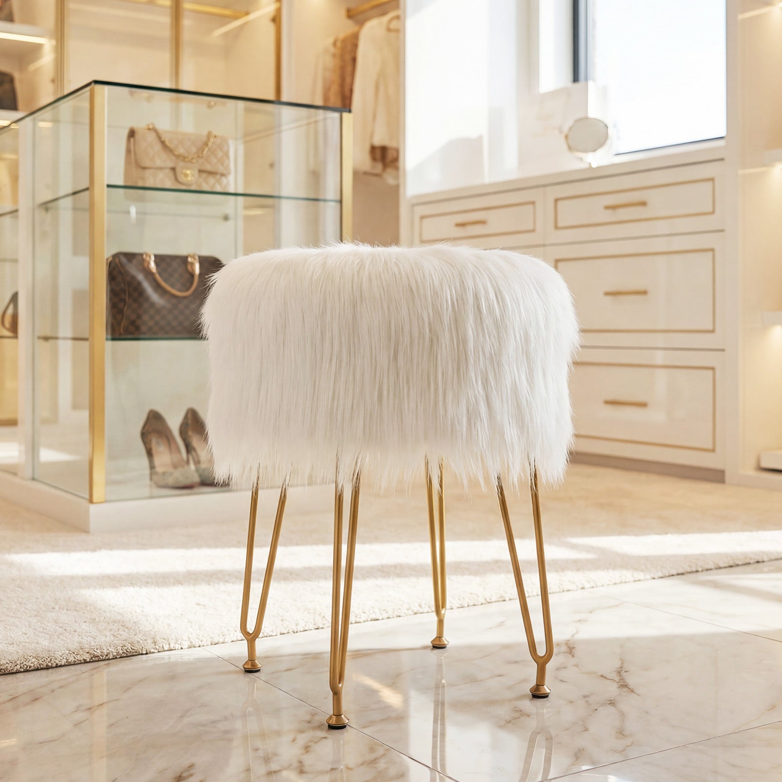 Faux Fur Vanity Stool Chair with Metal Legs for Bedroom and Living Room-White