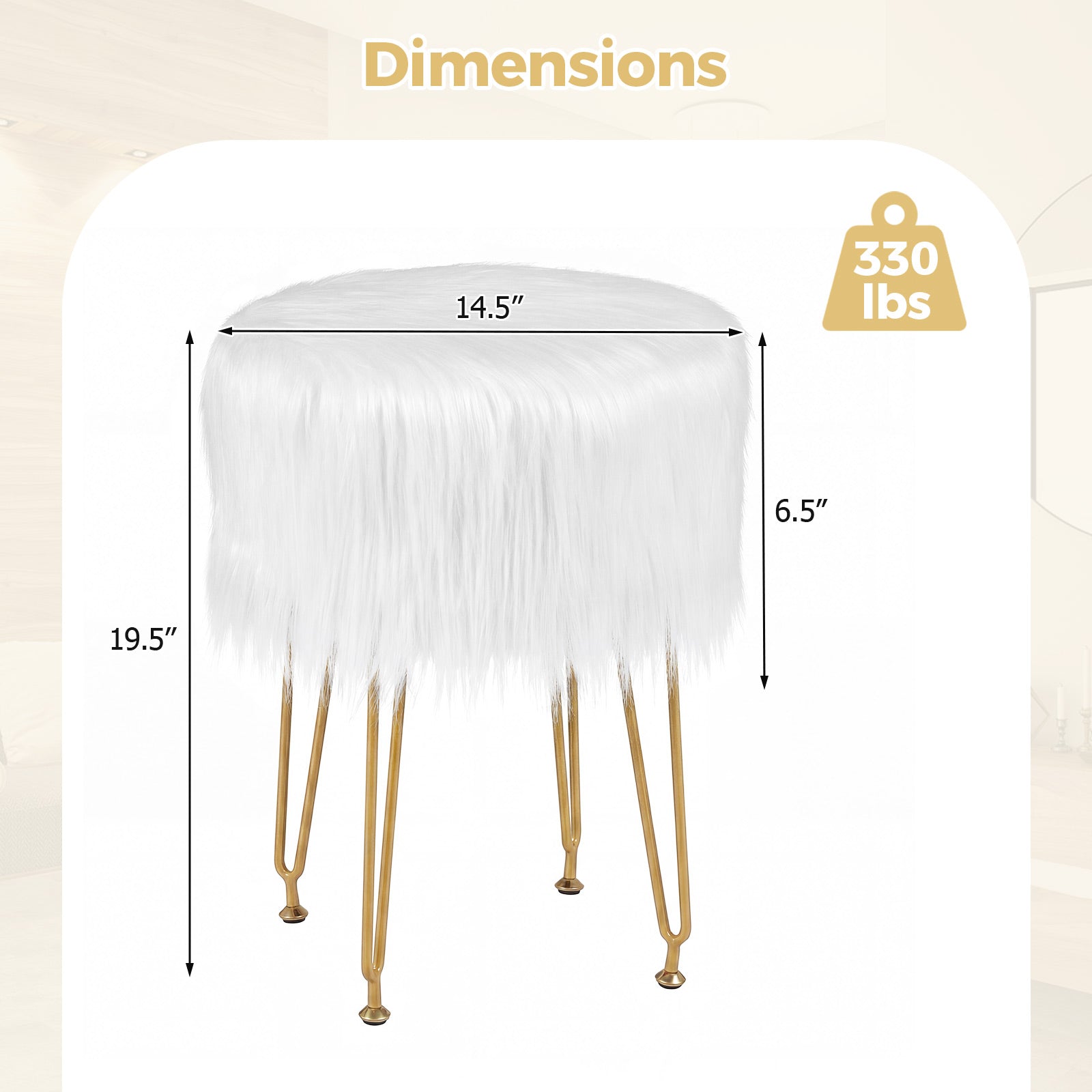 Faux Fur Vanity Stool Chair with Metal Legs for Bedroom and Living Room-White