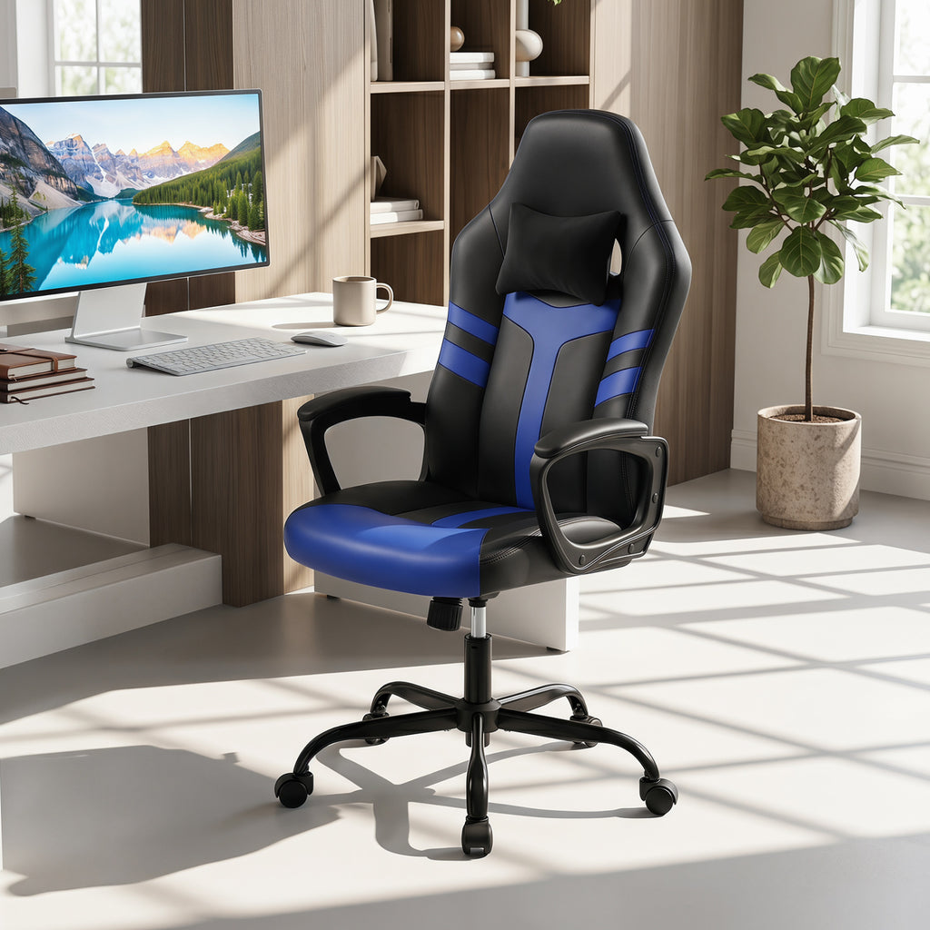 Faux Leather Upholstered Office Chair with Removable Head Pillow and Rocking Function-Blue
