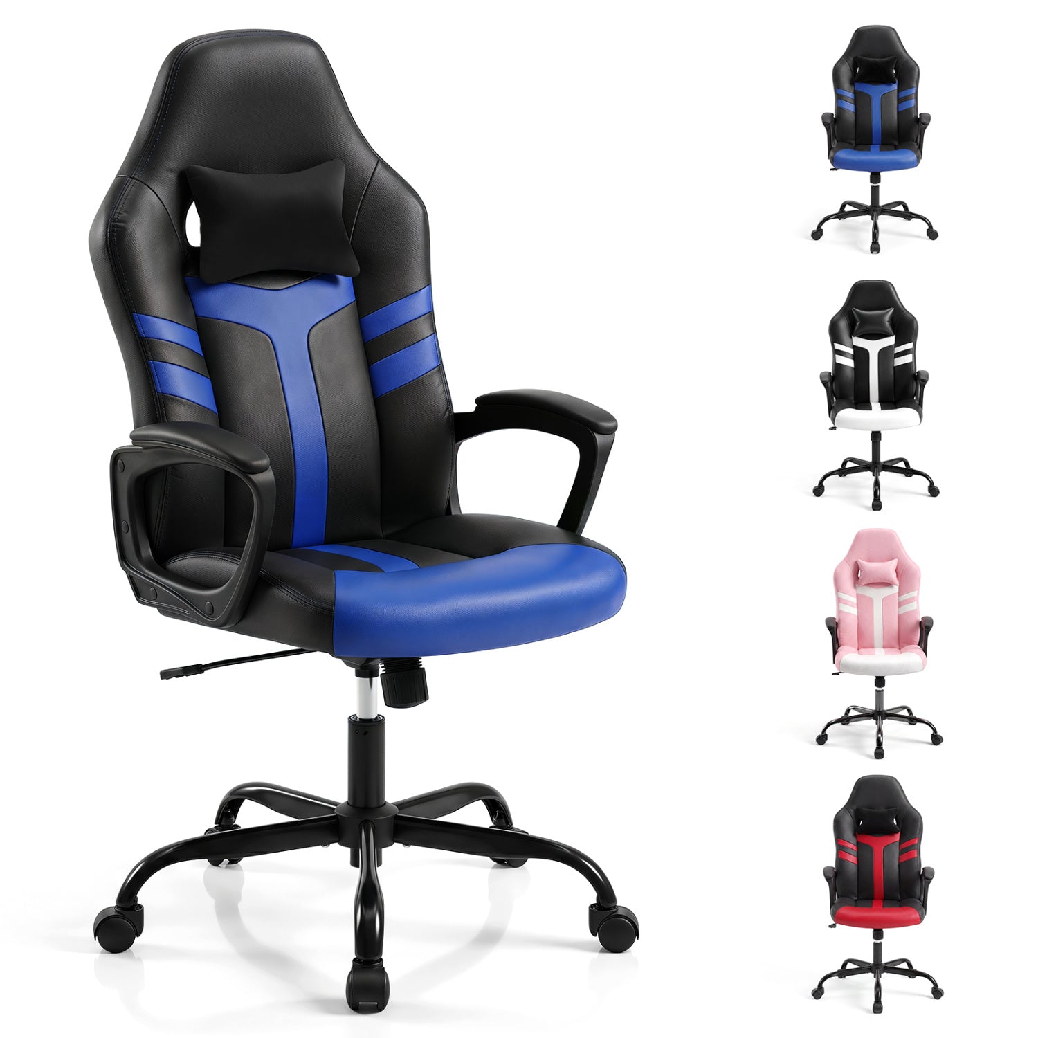 Faux Leather Upholstered Office Chair with Removable Head Pillow and Rocking Function-Blue