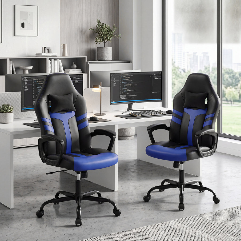Faux Leather Upholstered Office Chair with Removable Head Pillow and Rocking Function-Blue