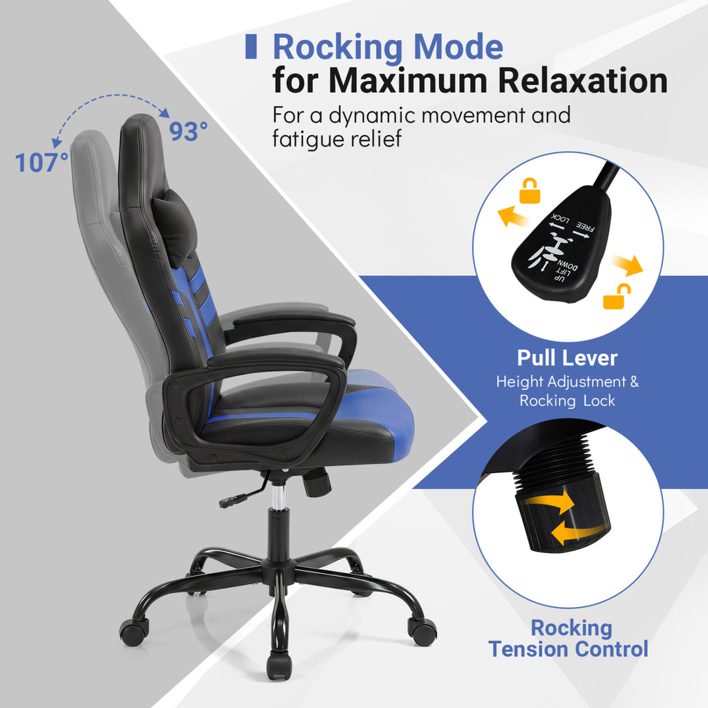 Faux Leather Upholstered Office Chair with Removable Head Pillow and Rocking Function-Blue