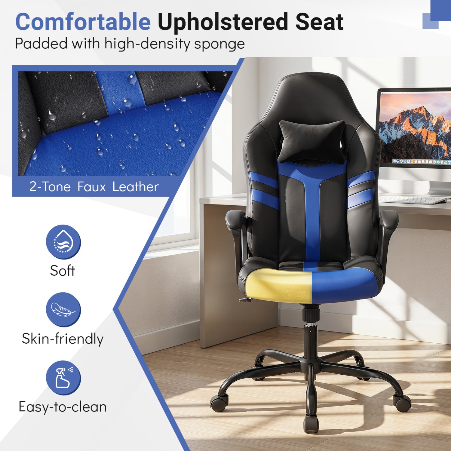 Faux Leather Upholstered Office Chair with Removable Head Pillow and Rocking Function-Blue