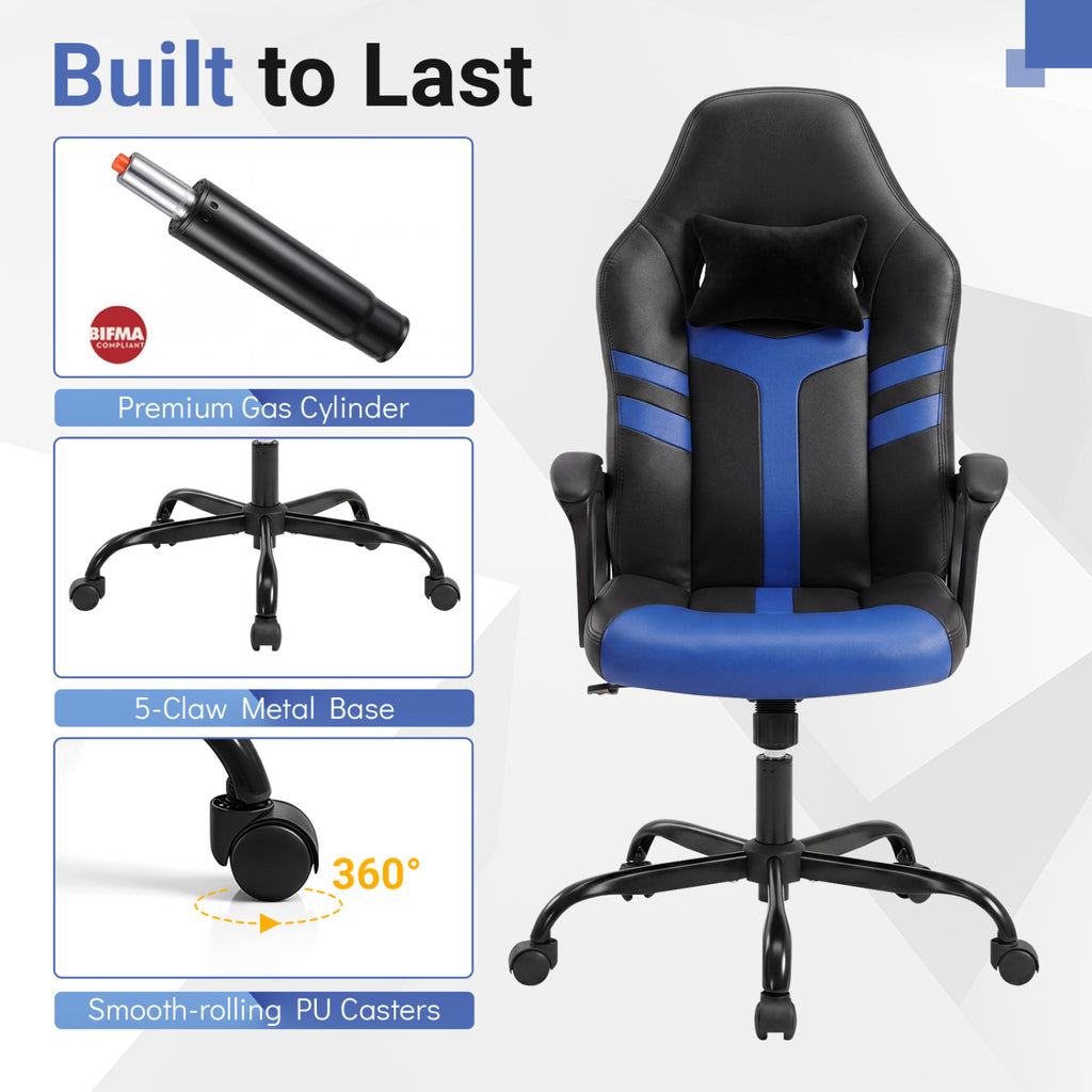 Faux Leather Upholstered Office Chair with Removable Head Pillow and Rocking Function-Blue