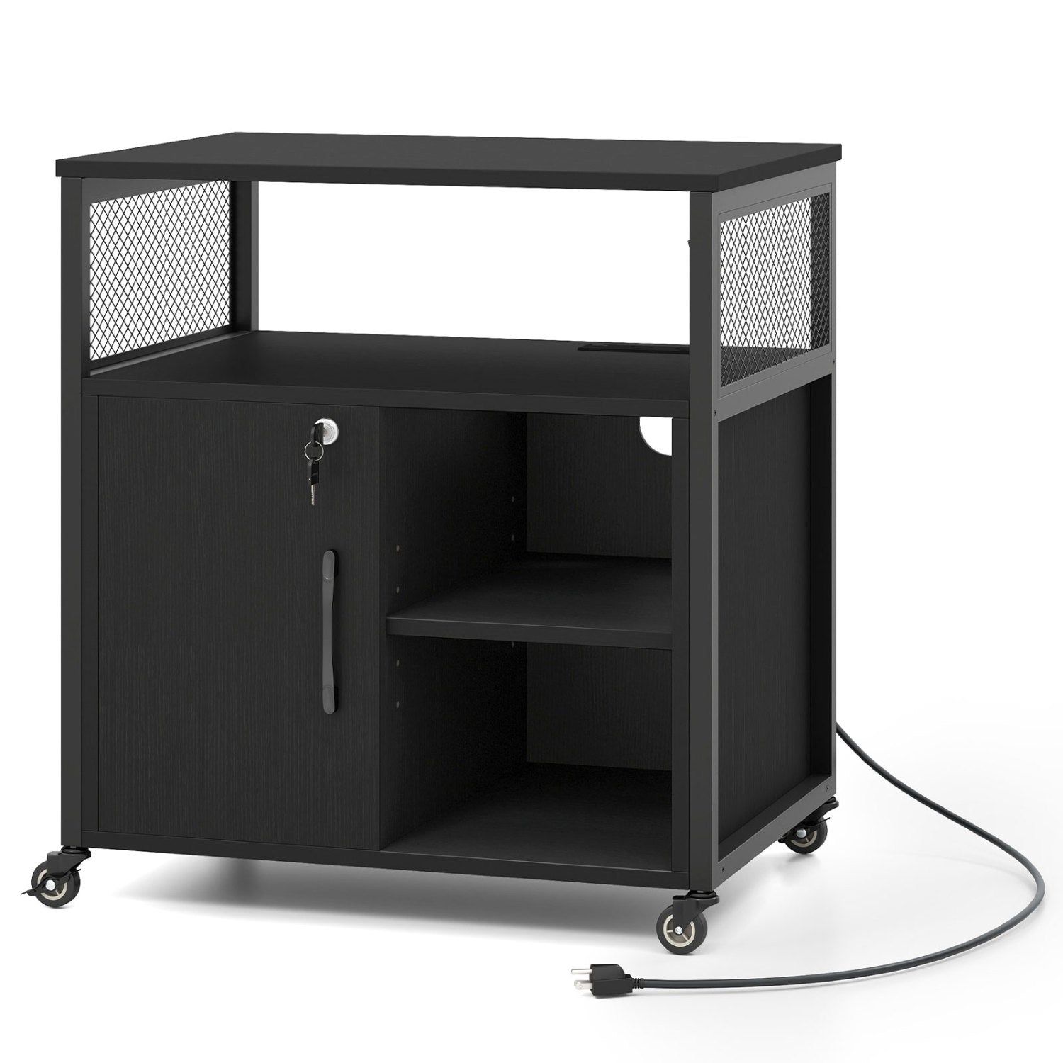File Cabinet on Wheels with Charging Station and Cable Management Hole-Black