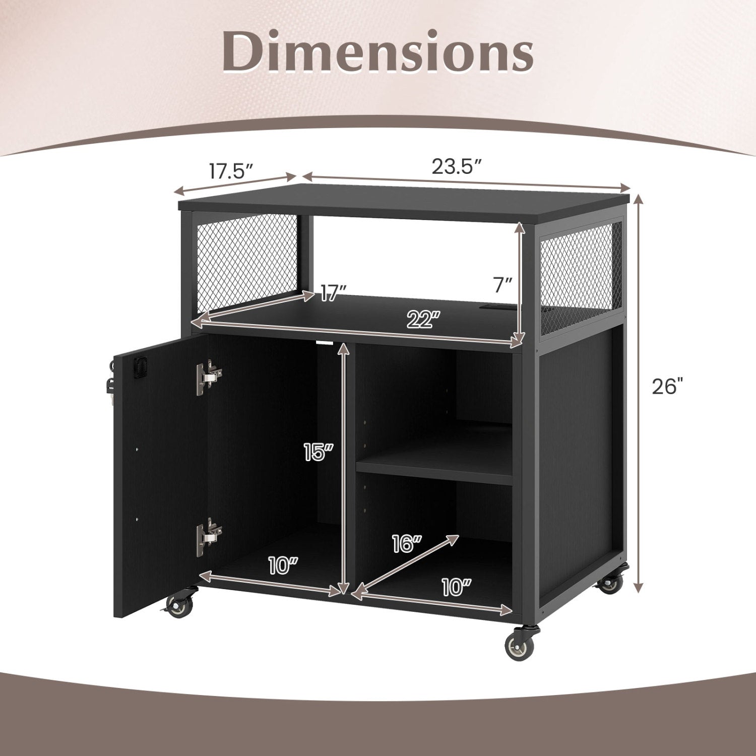 File Cabinet on Wheels with Charging Station and Cable Management Hole-Black