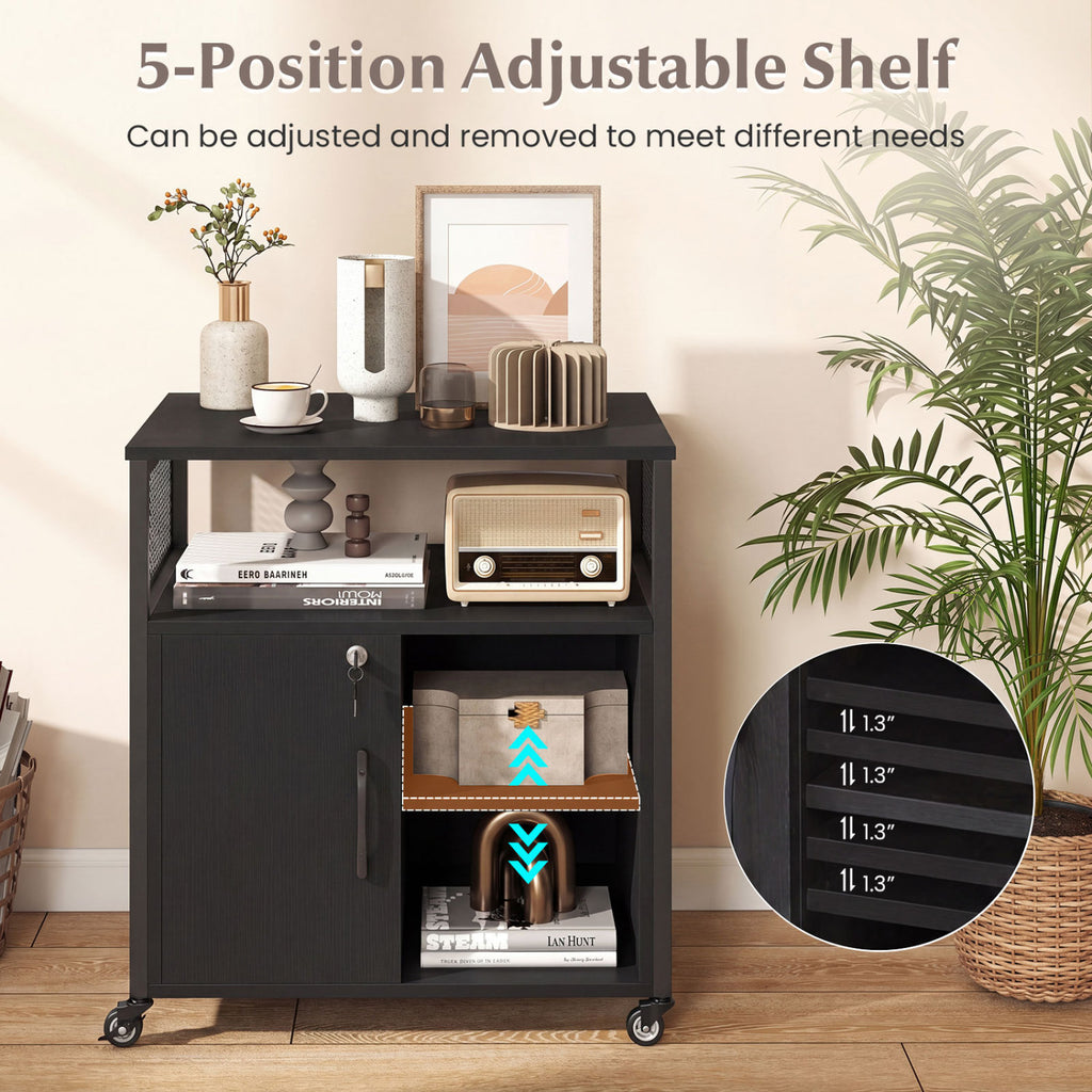 File Cabinet on Wheels with Charging Station and Cable Management Hole-Black